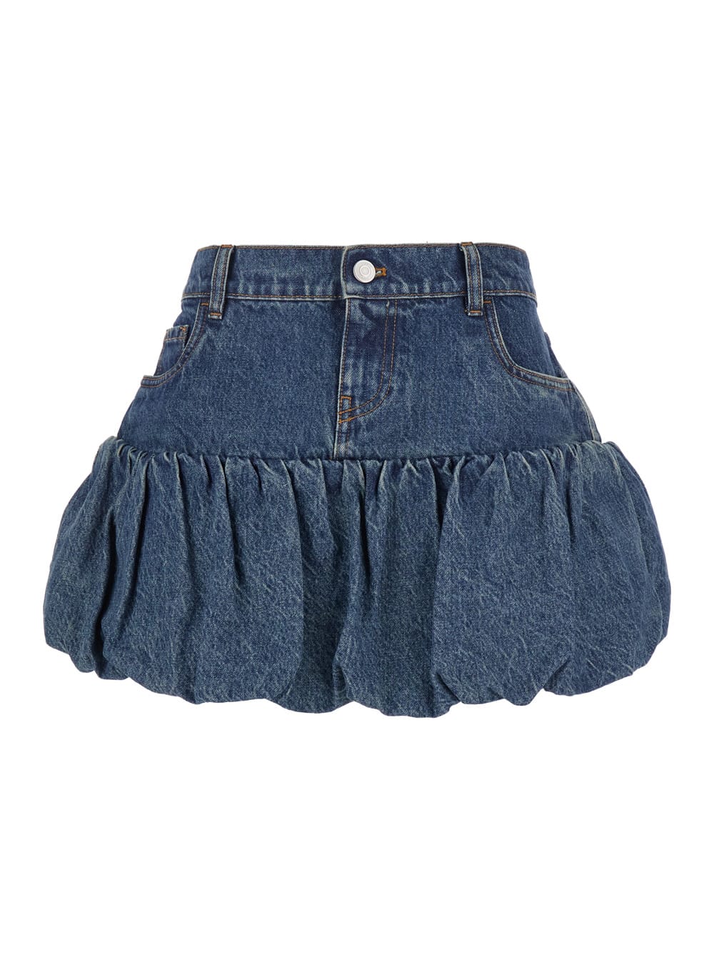 Blue Miniskirt With Logo Patch On The Rear And Gathered Hem In Denim Woman