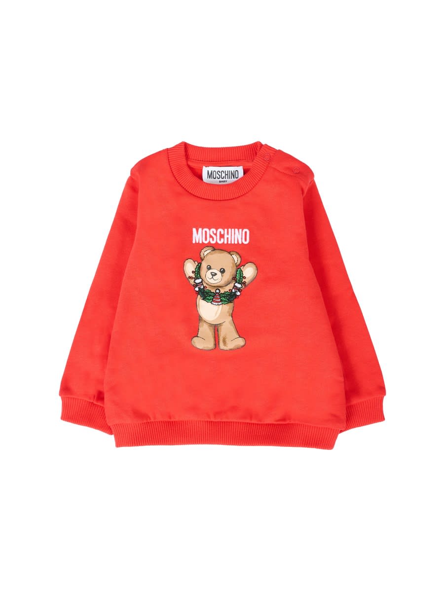 Moschino Red Sweatshirt For Babykids With Christmas Teddy Bear In Red