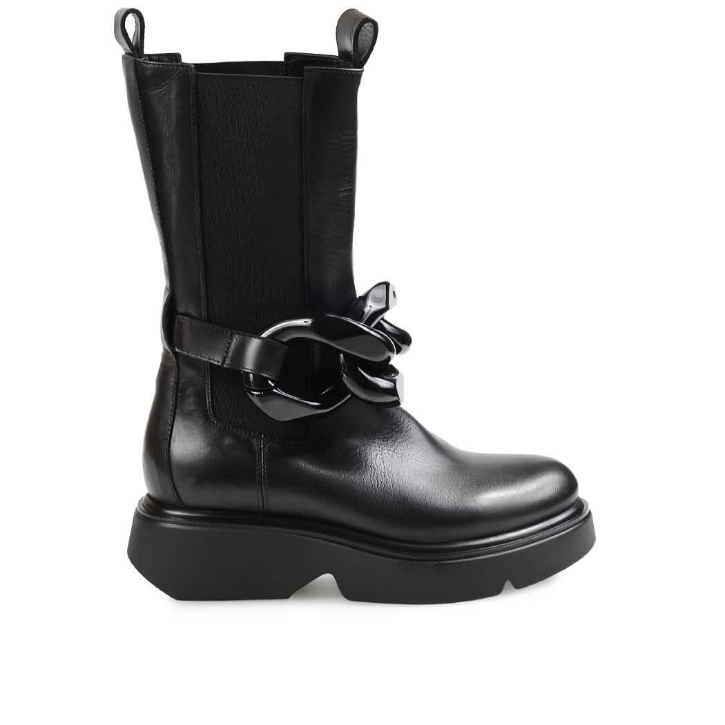 Elena Iachi Black Leather Combat Boot With Chain