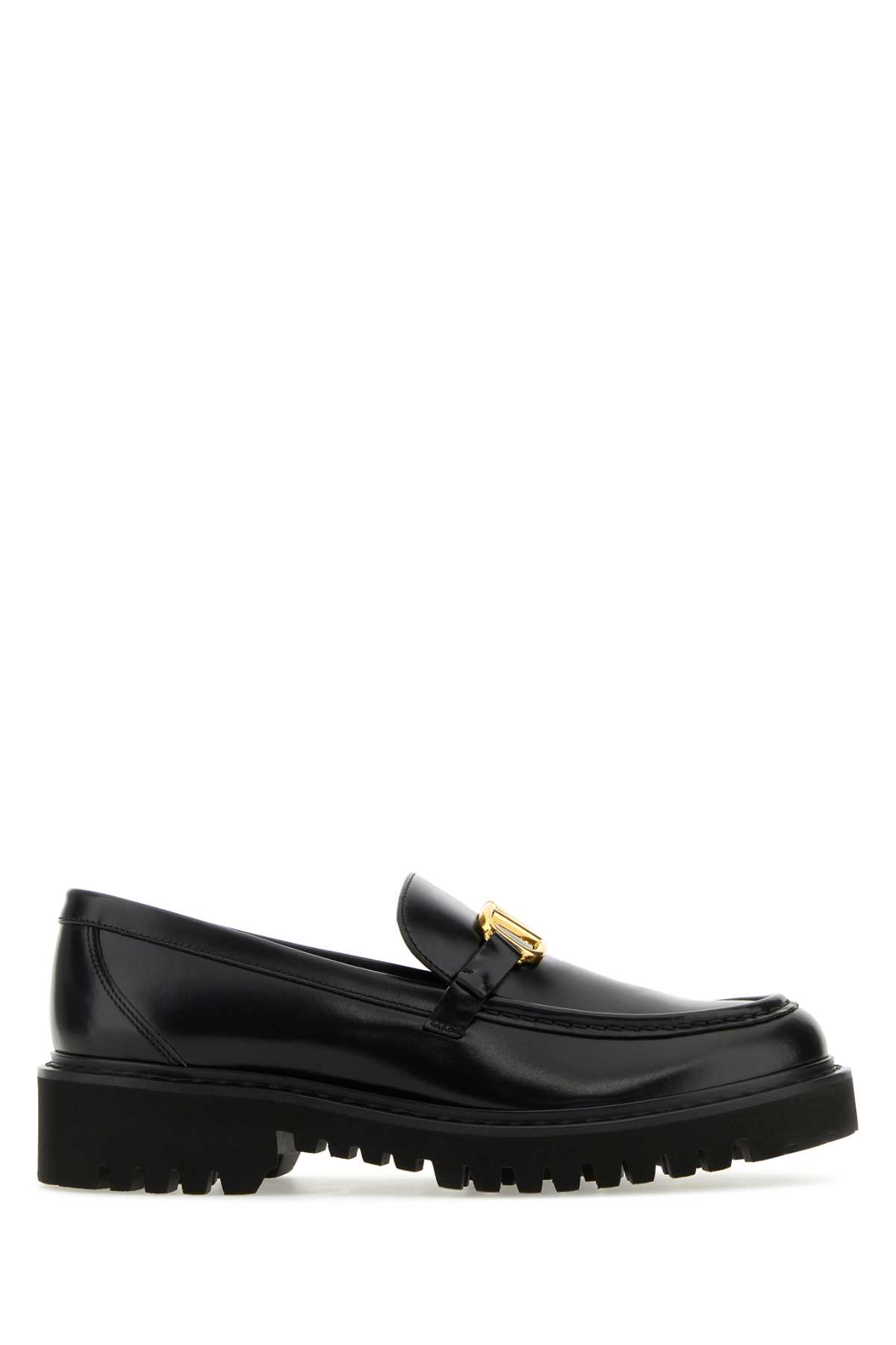 Shop Valentino Black Leather Vlogo Loafers In Nero