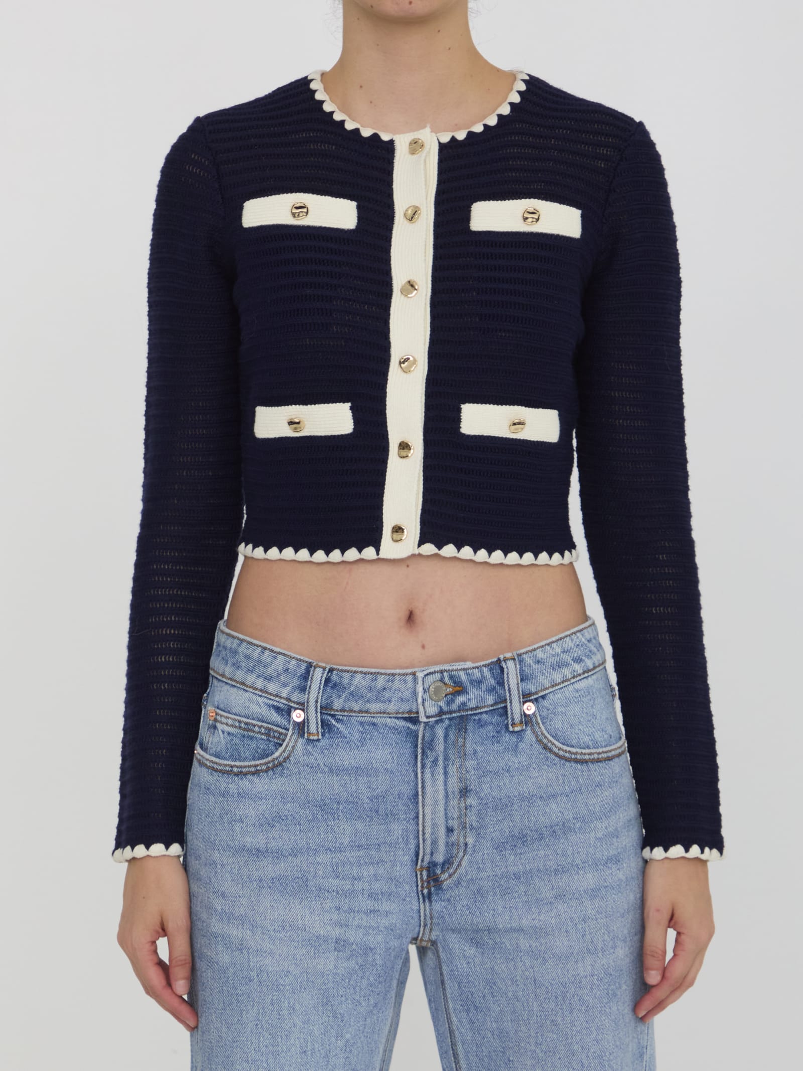 Shop Self-portrait Crochet Cardigan In Blue