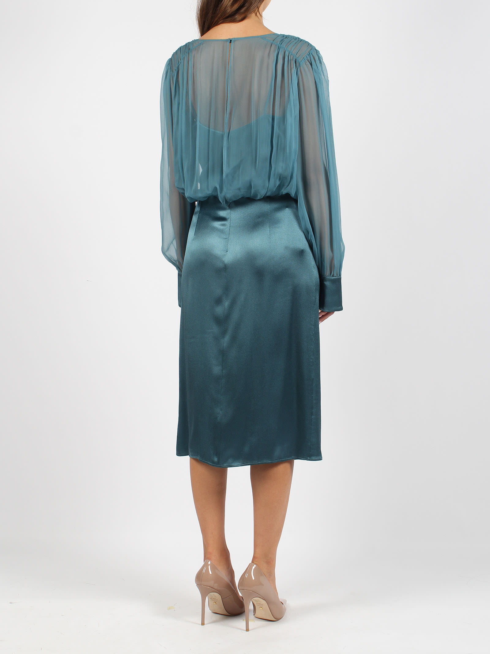 Alberta Ferretti Sheer-overlay Midi Dress In Blue