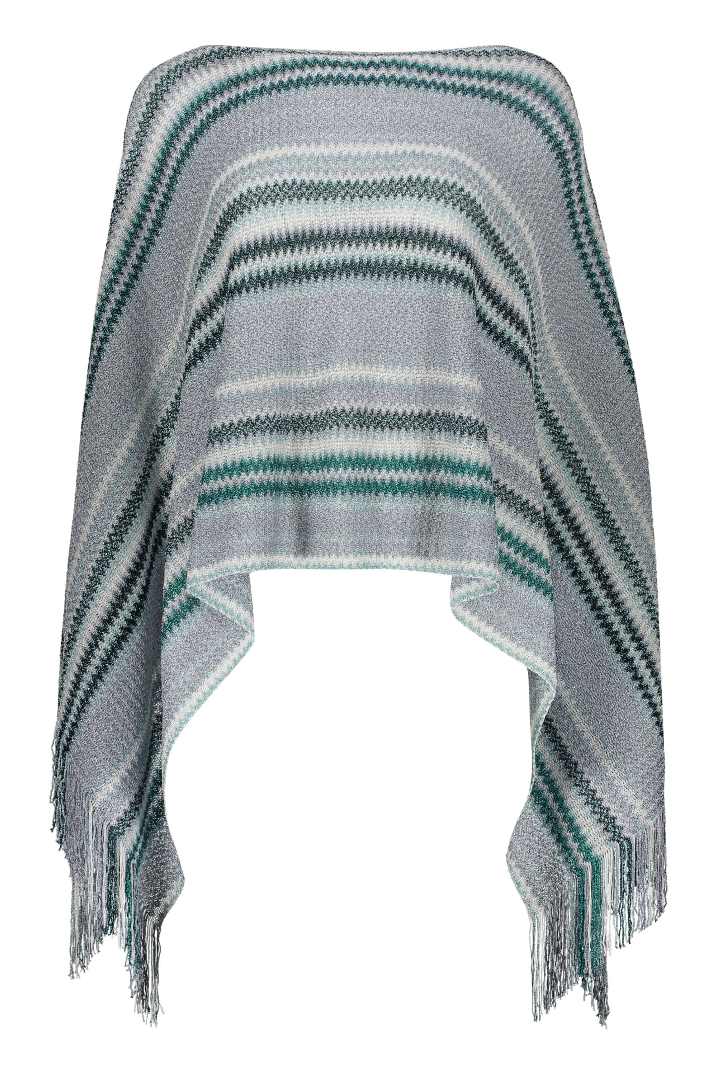 Shop Missoni Fringed Knit Poncho In Turquoise