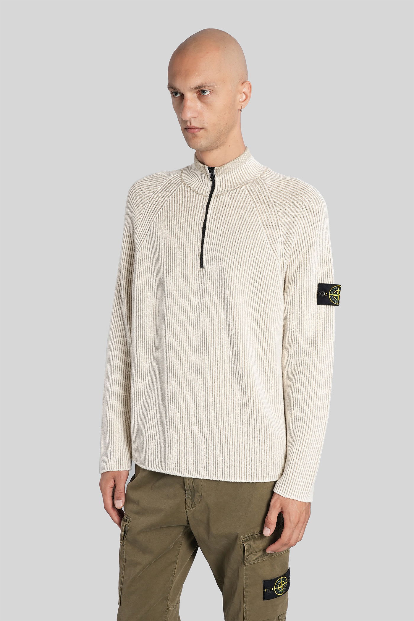 Stone Island White Sweater With Logo Patch On The Sleeve And Front Half Zip Closure In Wool Stretch Man In Neutral