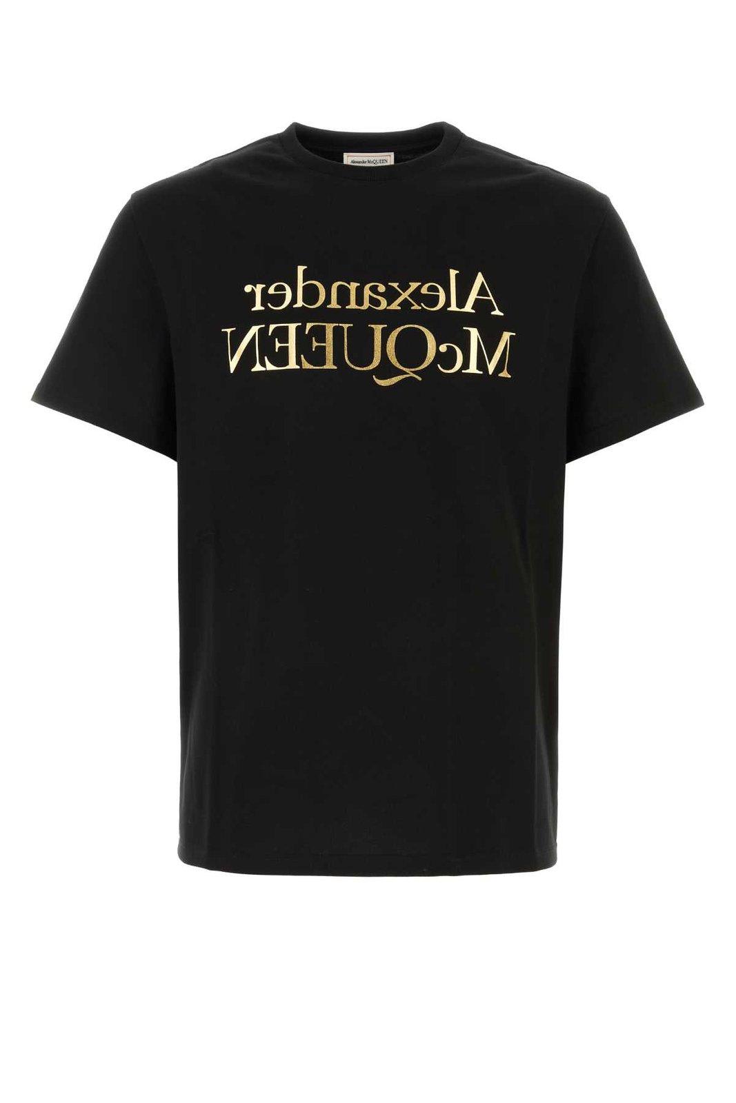 Shop Alexander Mcqueen Logo Printed Crewneck T-shirt In Nero E Oro