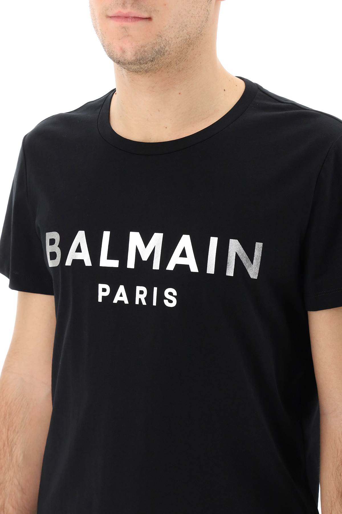 Shop Balmain Metallic Silver Logo T-shirt In Black