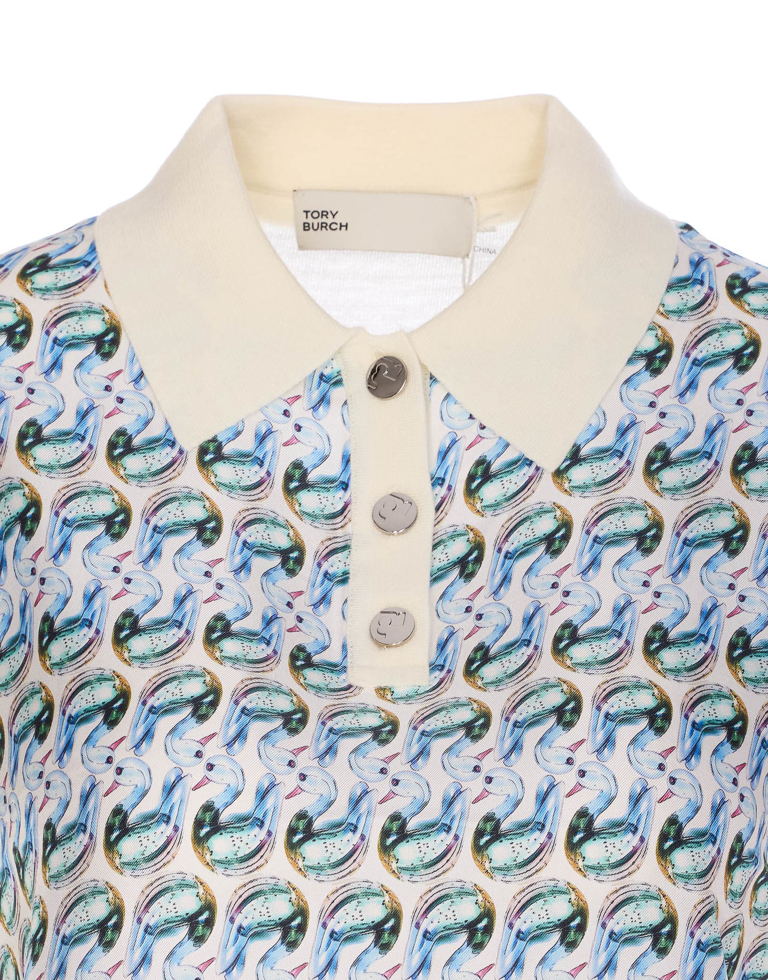 Tory Burch Patterned Front Top With Classic Polo Collar In New Ivory / Blue Lucky Duck