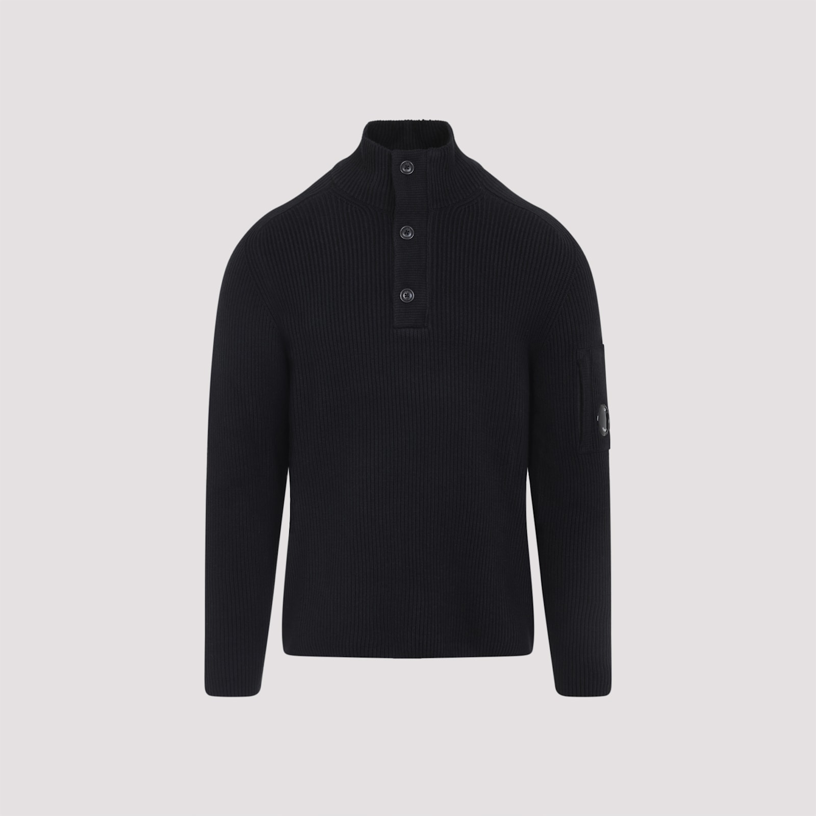 C.p. Company C.p.company Ribbed Sweater With Lens Pocket In Black