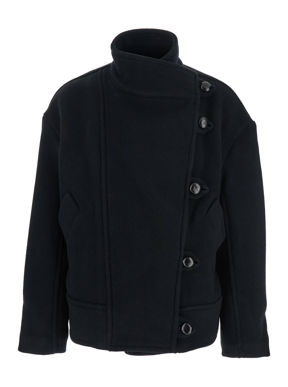 hanis Black Jacket With Stand-up Collar And Dropped Shoulders In Wool Blend Woman