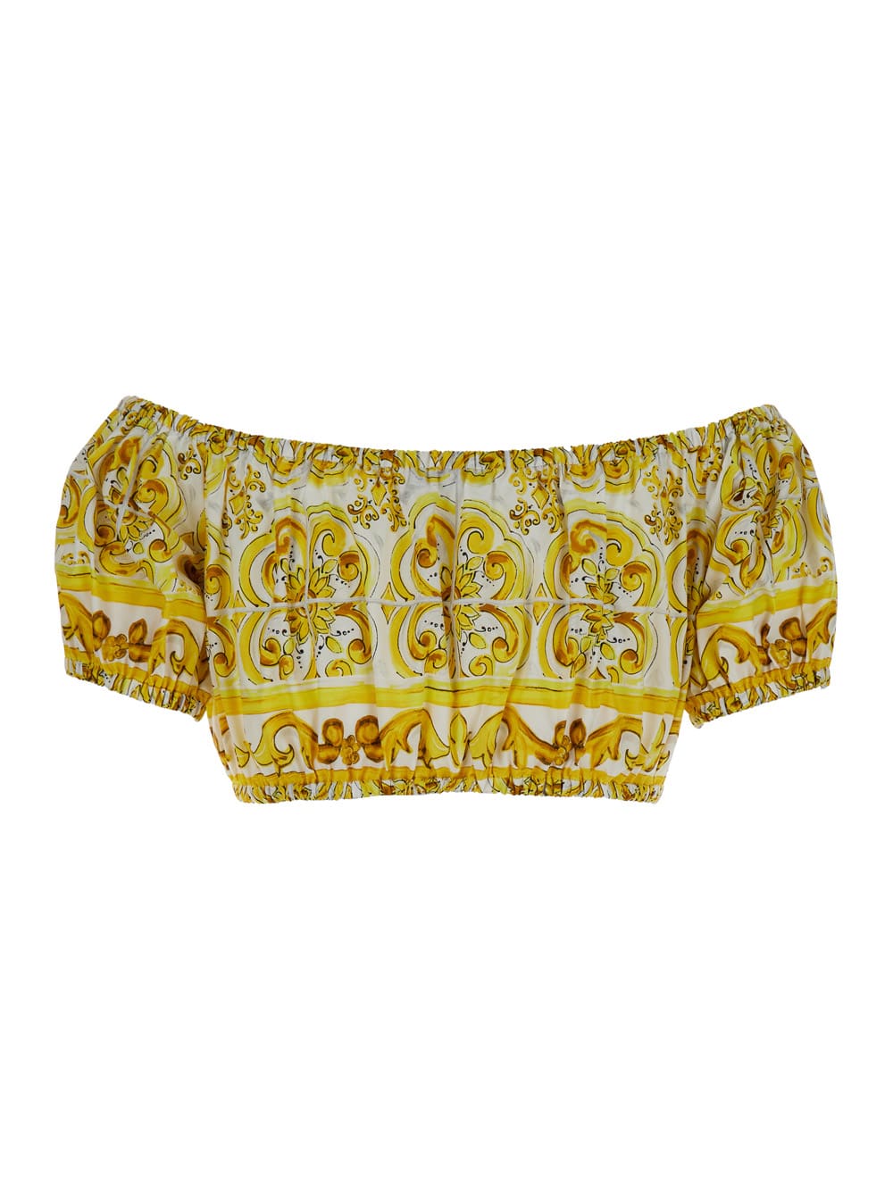 Shop Dolce & Gabbana Yellow And White Crop Top With Majolica Print In Cotton Woman