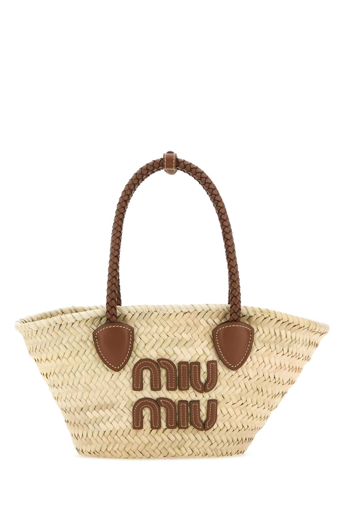 Miu Miu Woven Palm Shopping Tote With Braided Handles In Gold