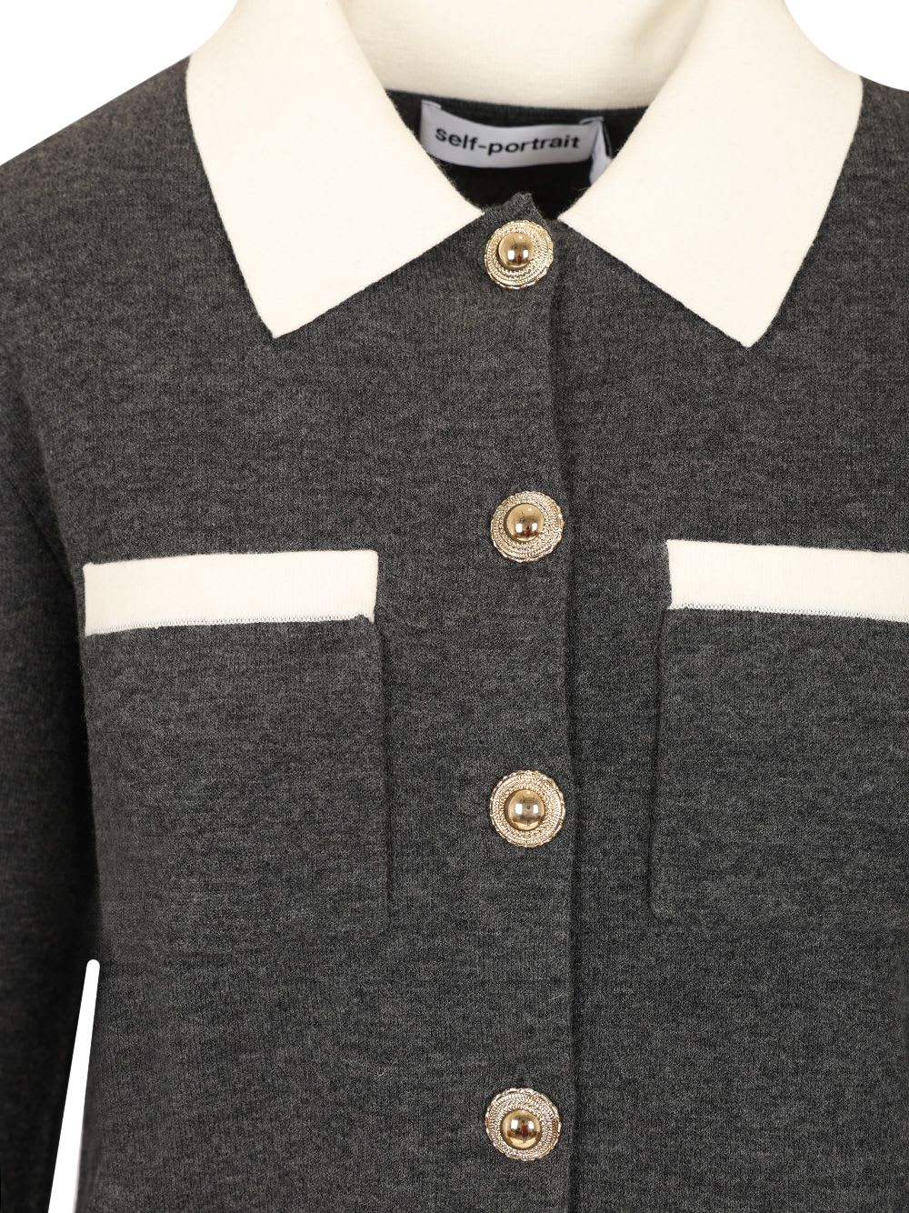 Self-portrait Contrast Collar Wool Blend Cardigan In Black