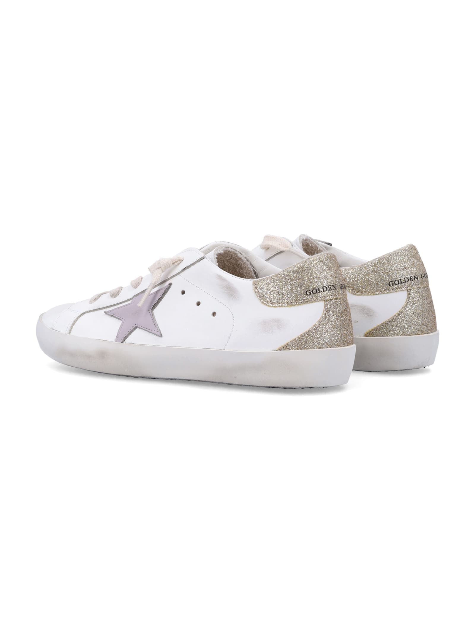 Golden Goose Super Star Glitter Lace Up Sneakers In White/lilac
