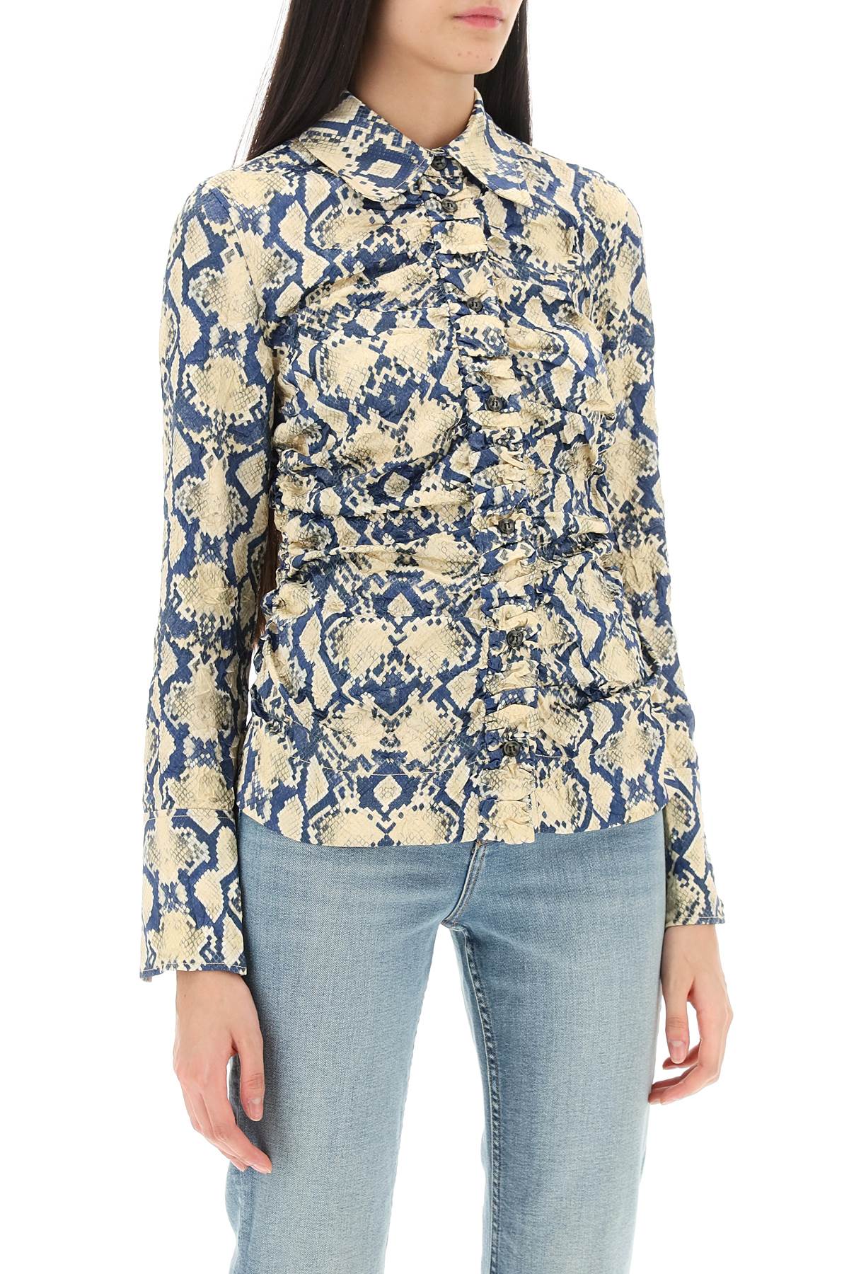Shop Ganni Crinkled Satin Shirt With Snake Print In Multicolore