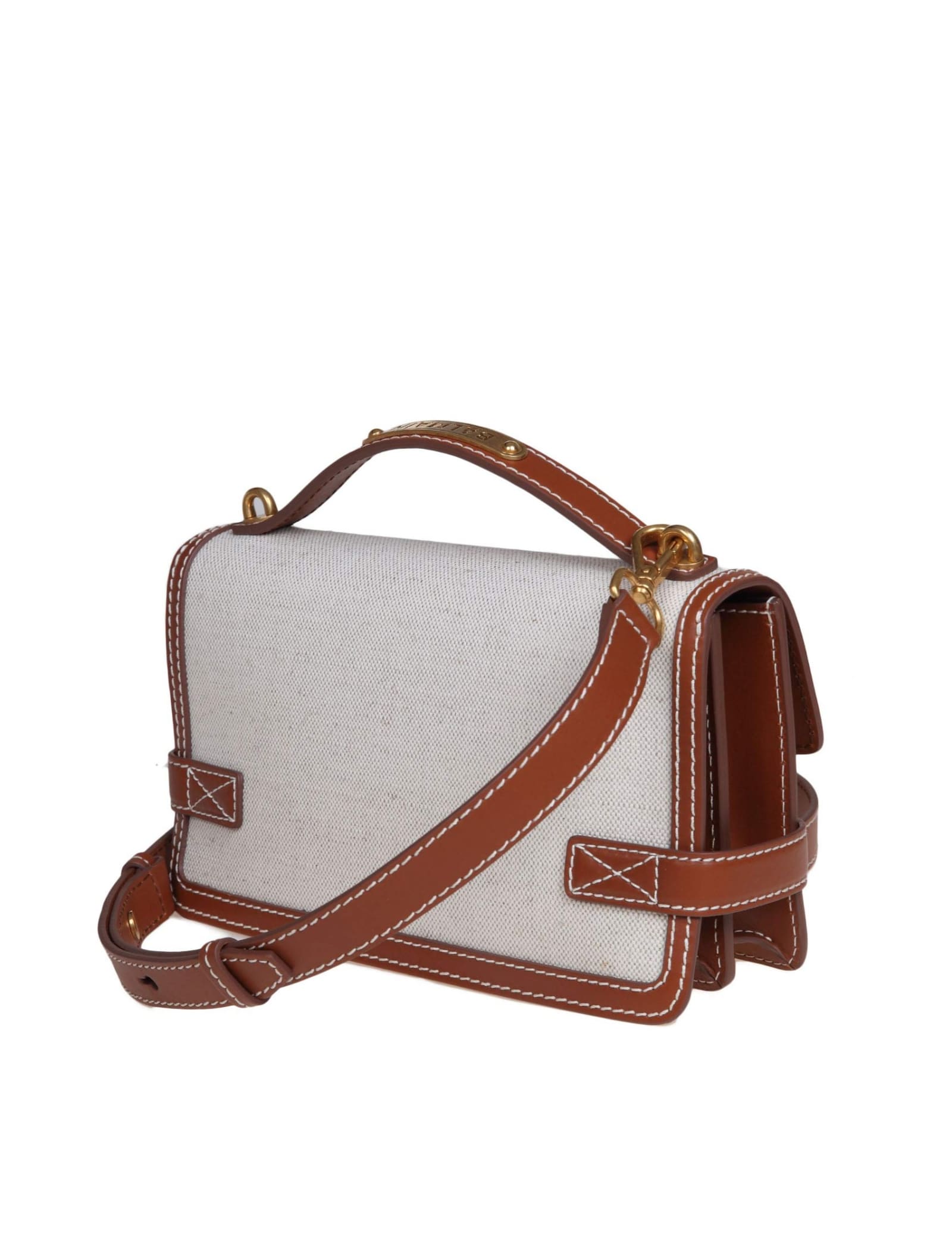 Shop Balmain B-buzz 24 Handbag In Leather And Canvas In Naturel/marron