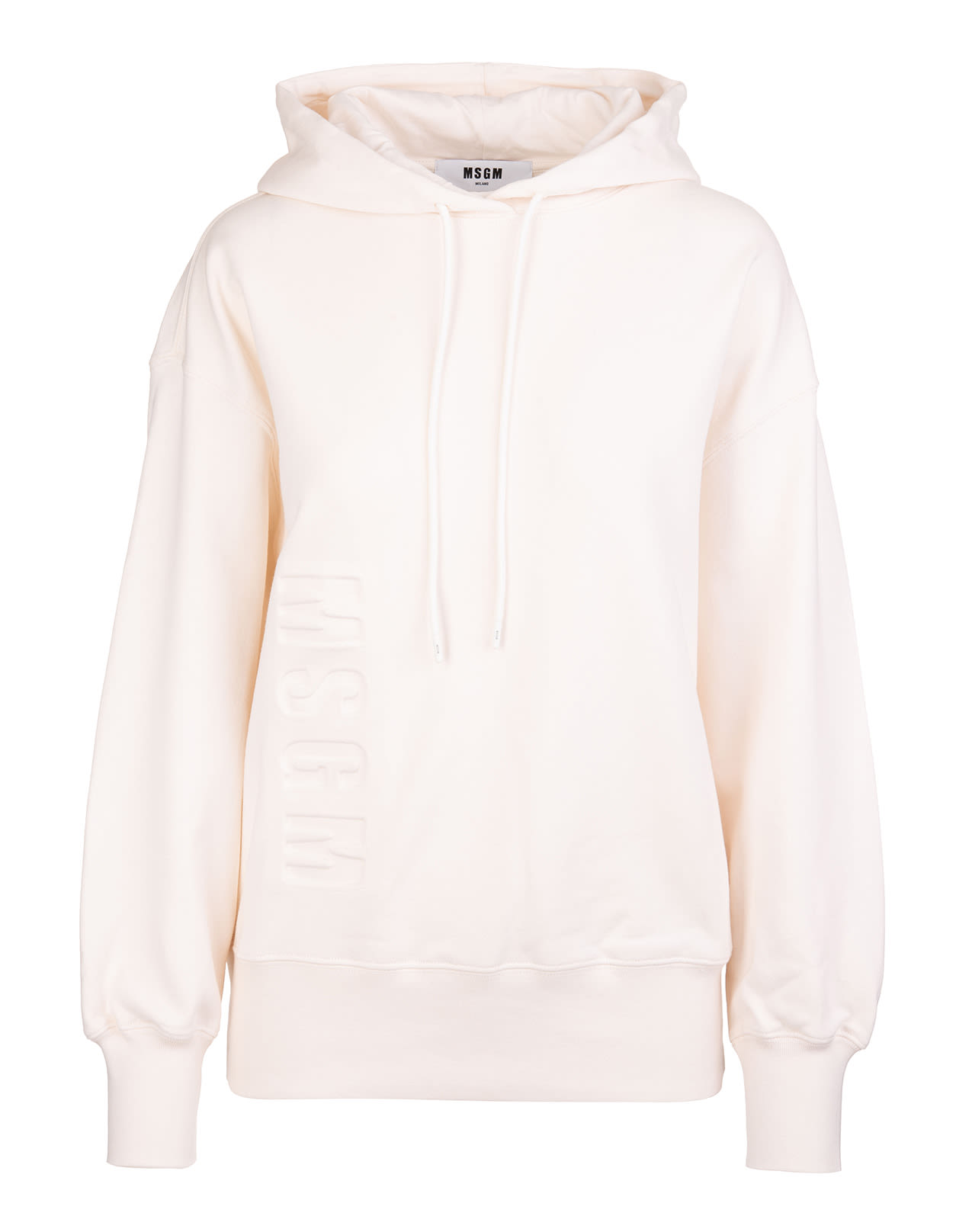 MSGM Woman White Oversize Hoodie With Embossed Vertical Logo