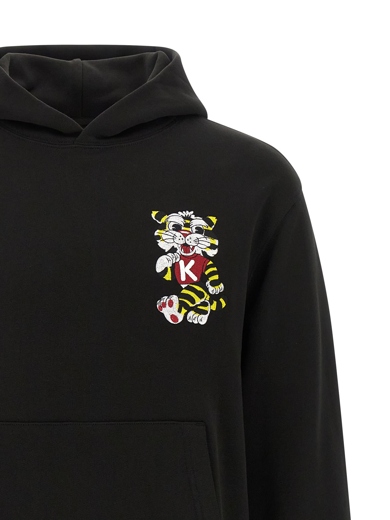 Kenzo Tiger Embroidery Hoodie Ribbed Cuffs Pocket In Black