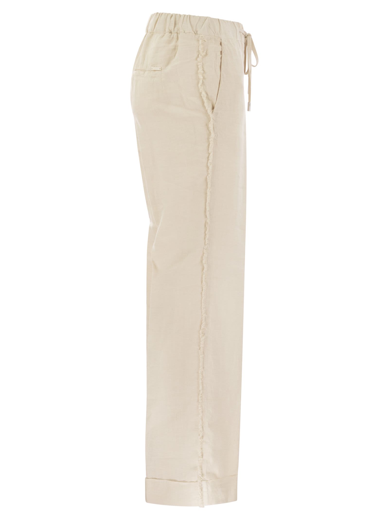 Shop Peserico Linen Trousers With Side Fringes In Beige