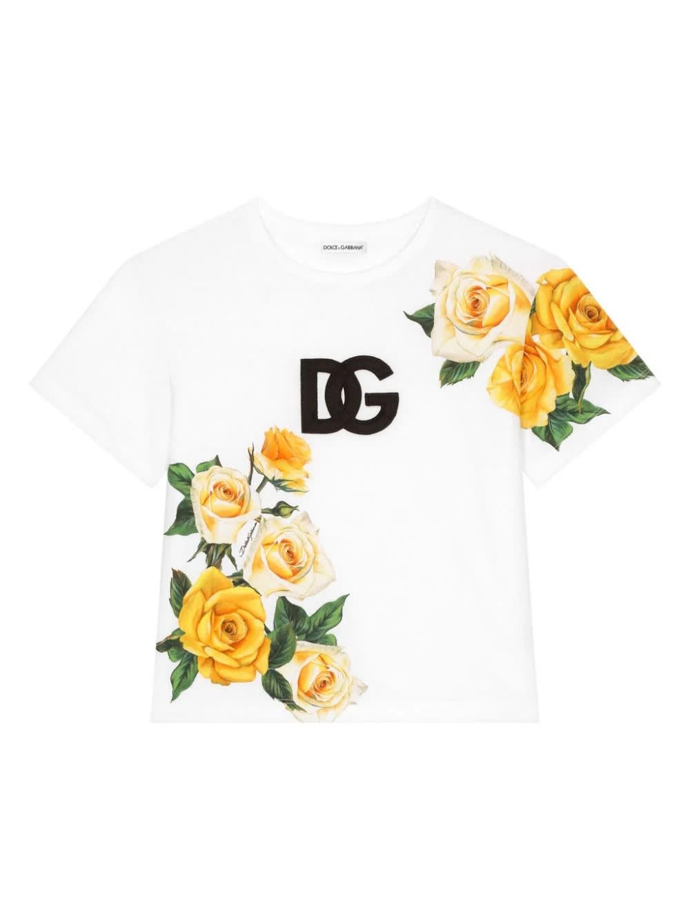 Dolce & Gabbana Kids' T-shirt With Dg Logo And Yellow Rose Print In Blue