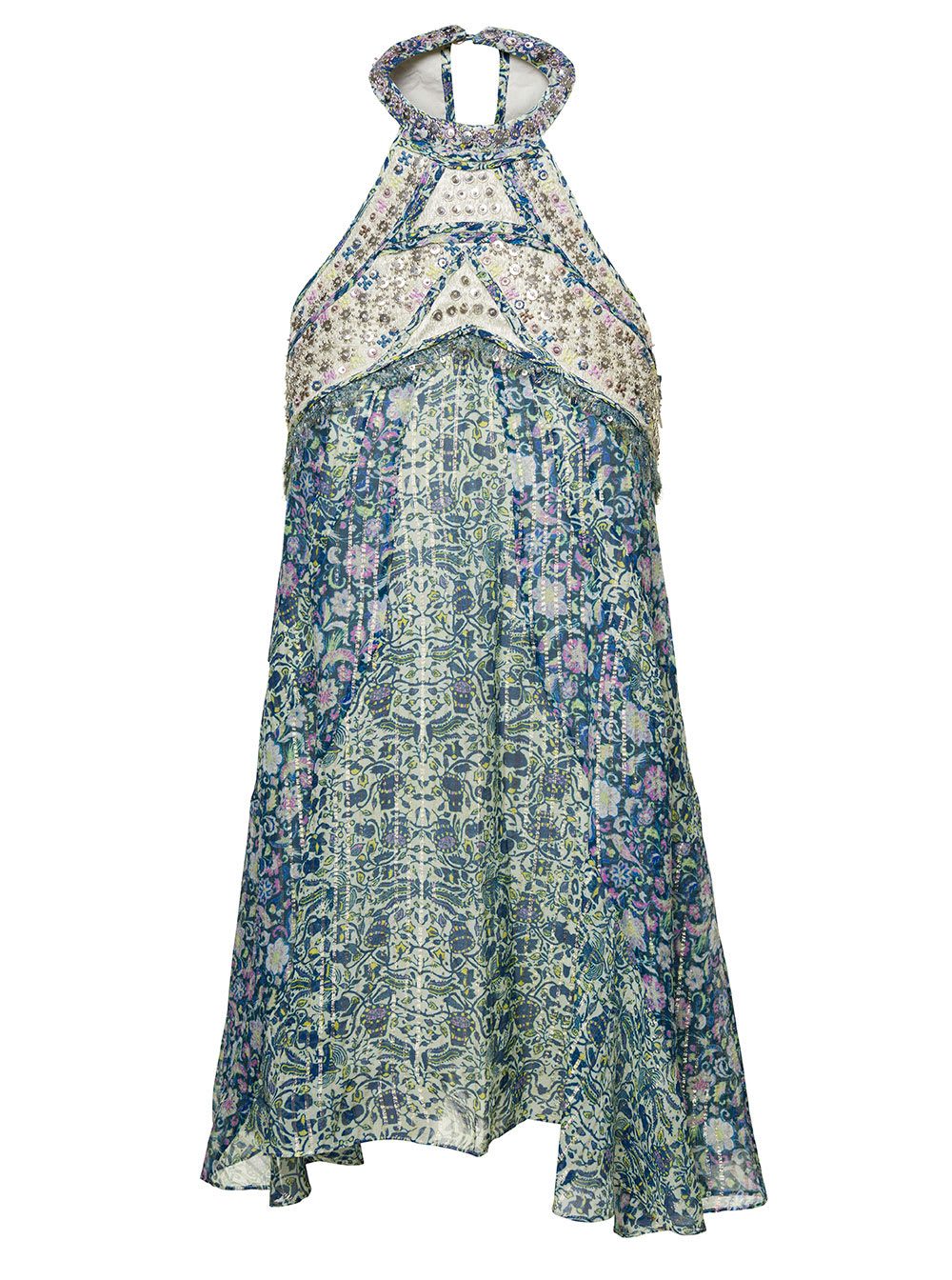 Shop Isabel Marant Mini Multicolor Dress Wth Halterneck And Paillettes In Silk And Lurex Woman