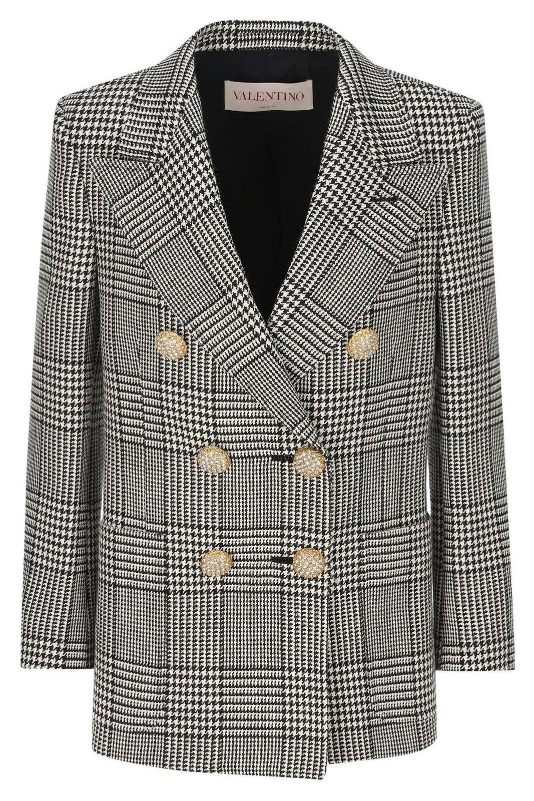 Shop Valentino Double-breasted Checked Blazer In Grey