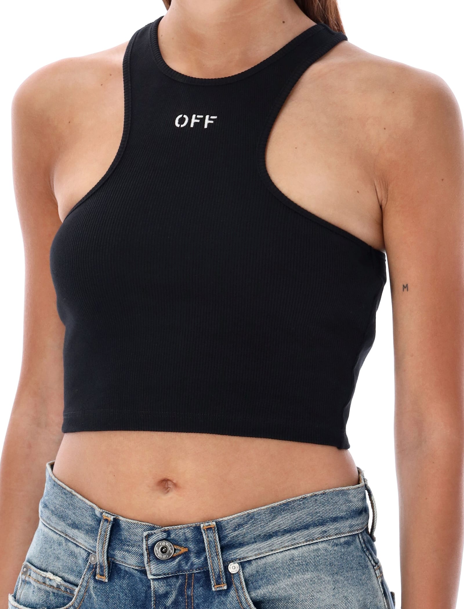 Shop Off-white Ribbed Crop Top In Black