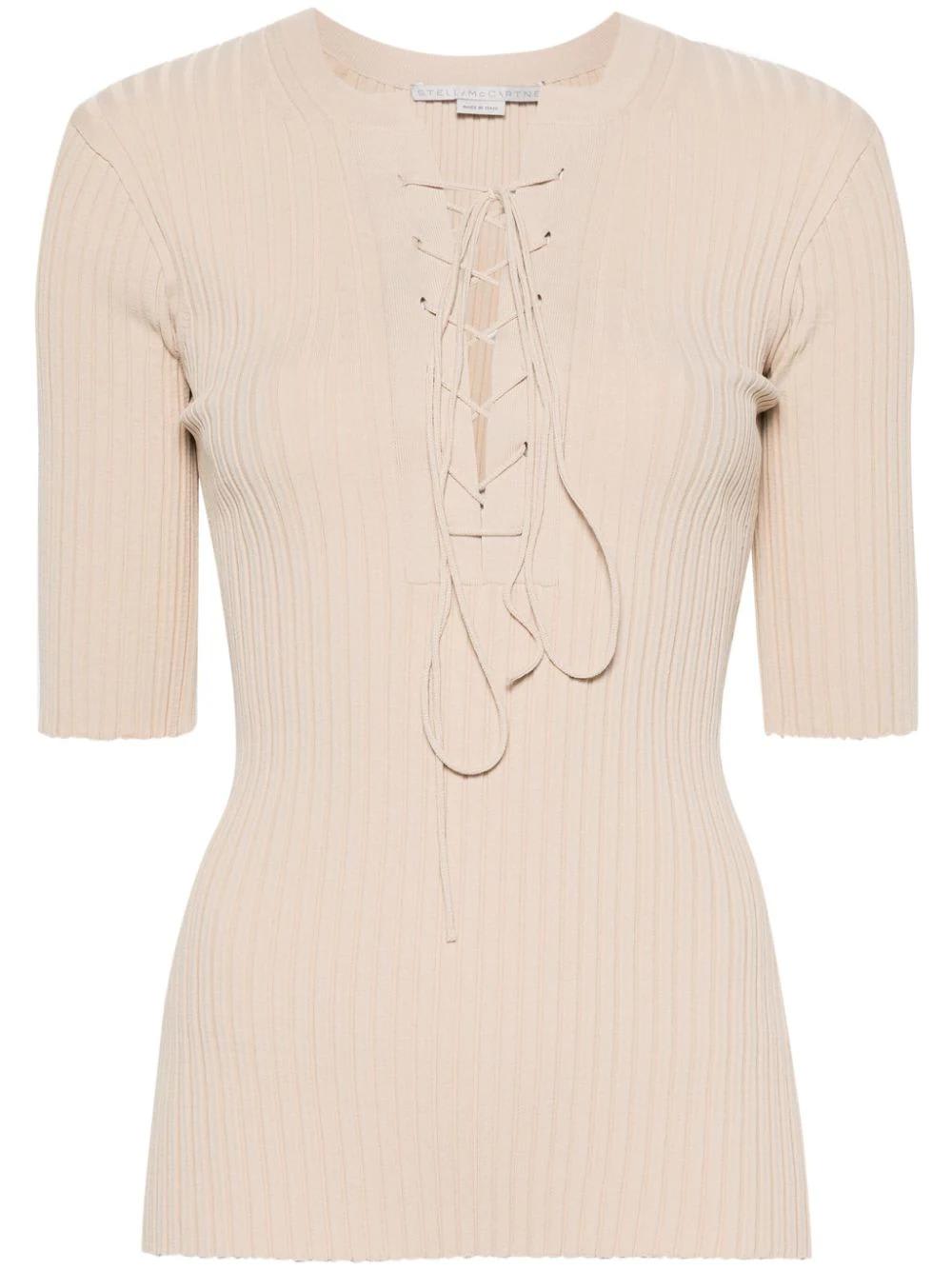 Shop Stella Mccartney Lace-up Ribbed Top In Sand