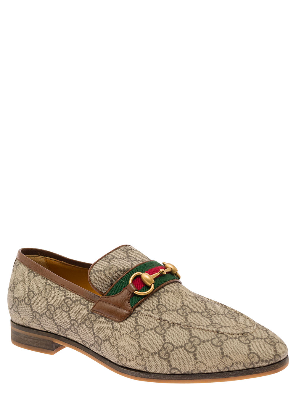 Gucci Paride Beige Loafers With Horsebit And Web Detail In Gg Supreme Canvas Man In Brown