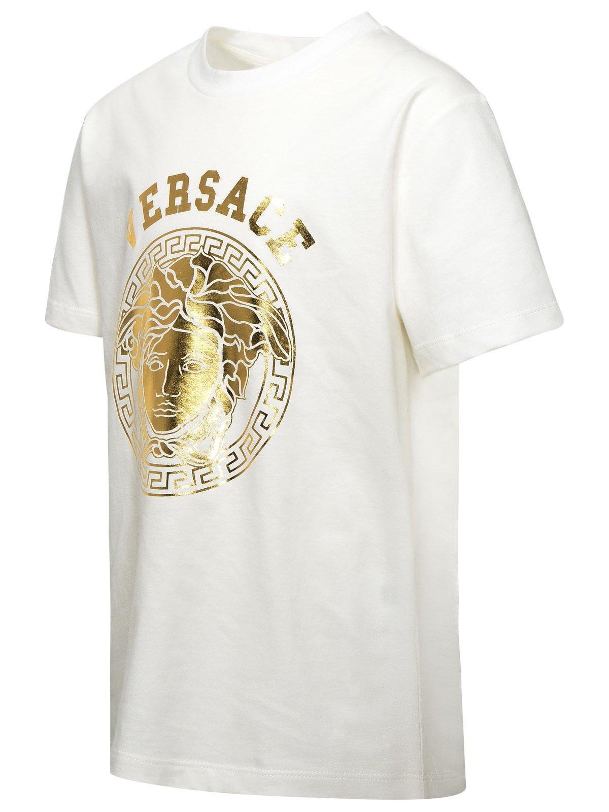 Shop Young Versace Medusa Head Metallic-printed Crewneck T-shirt In Bianco Oro