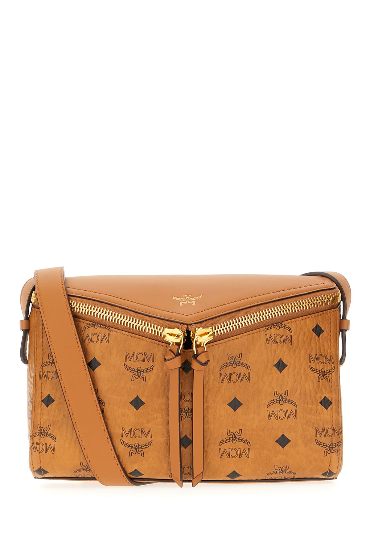 Shop Mcm Printed Canvas Crossbody Bag In Cognac