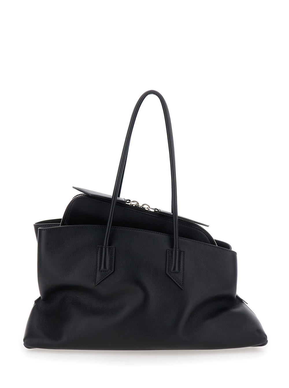 passeggiata Black Medium Shoulder Bag With Asymmetrical Design And Two Top Handles In Leather Woman