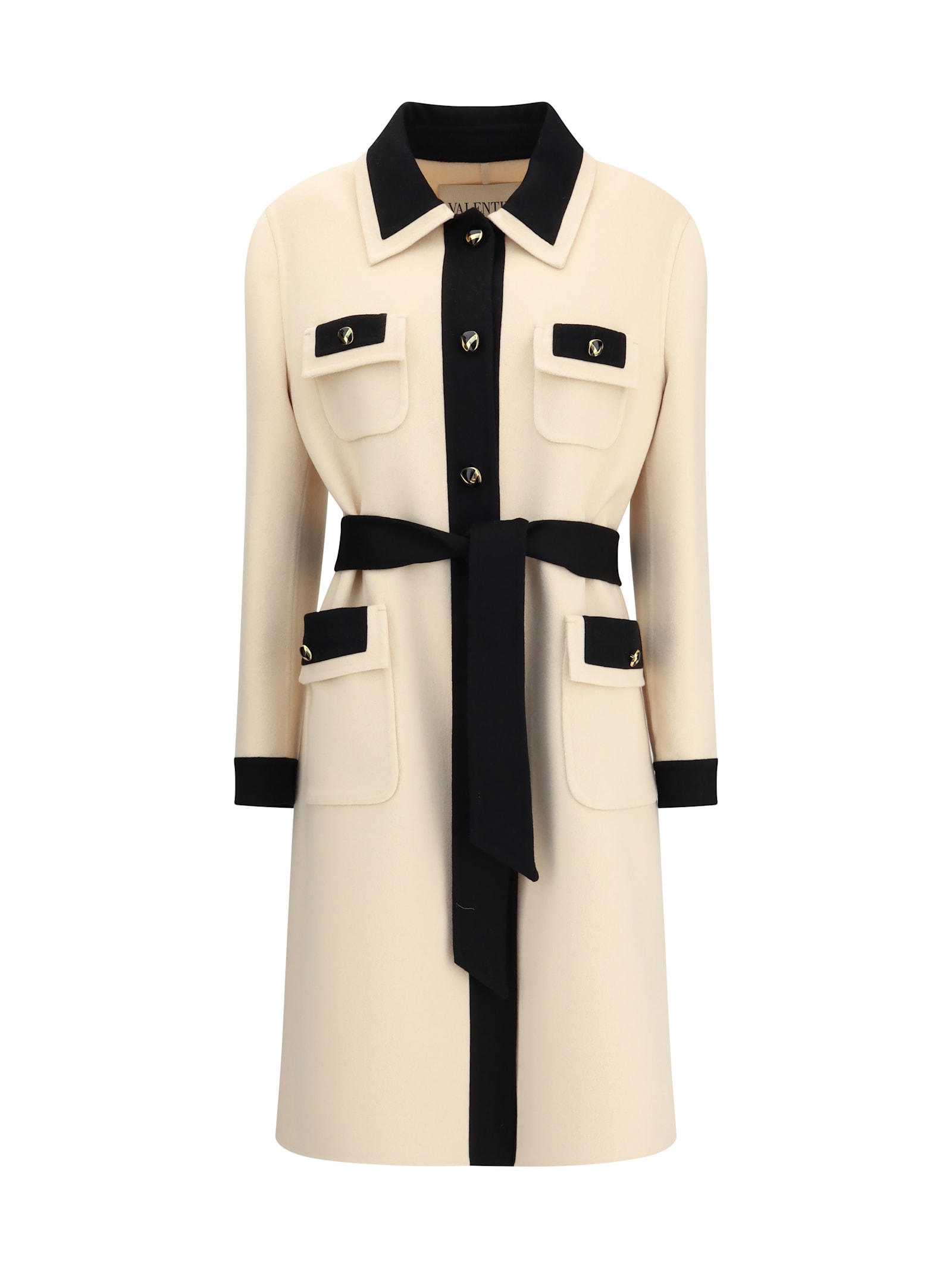 Valentino Belted Collar Coat With Contrasting Profiles And Pockets