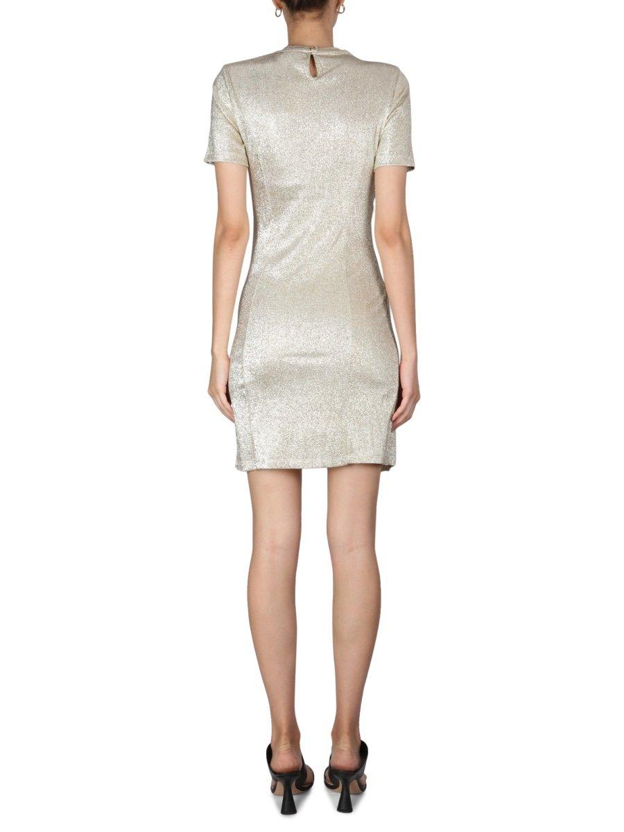 Rabanne Asymmetric Ruched Metallic Crepe Mini Dress In Gold
