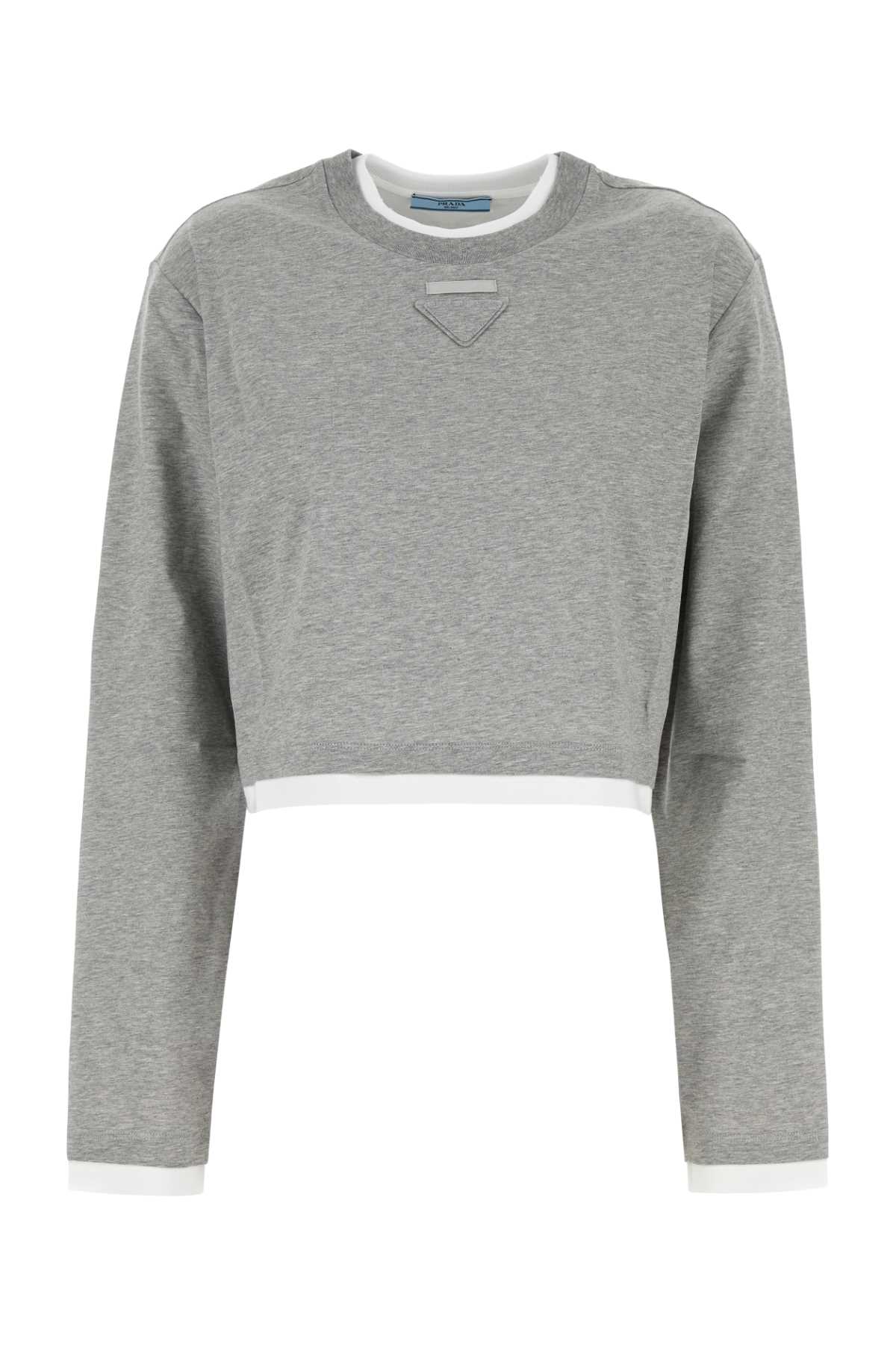 Prada Cotton T-shirt Cropped Length Long Sleeves In Gray