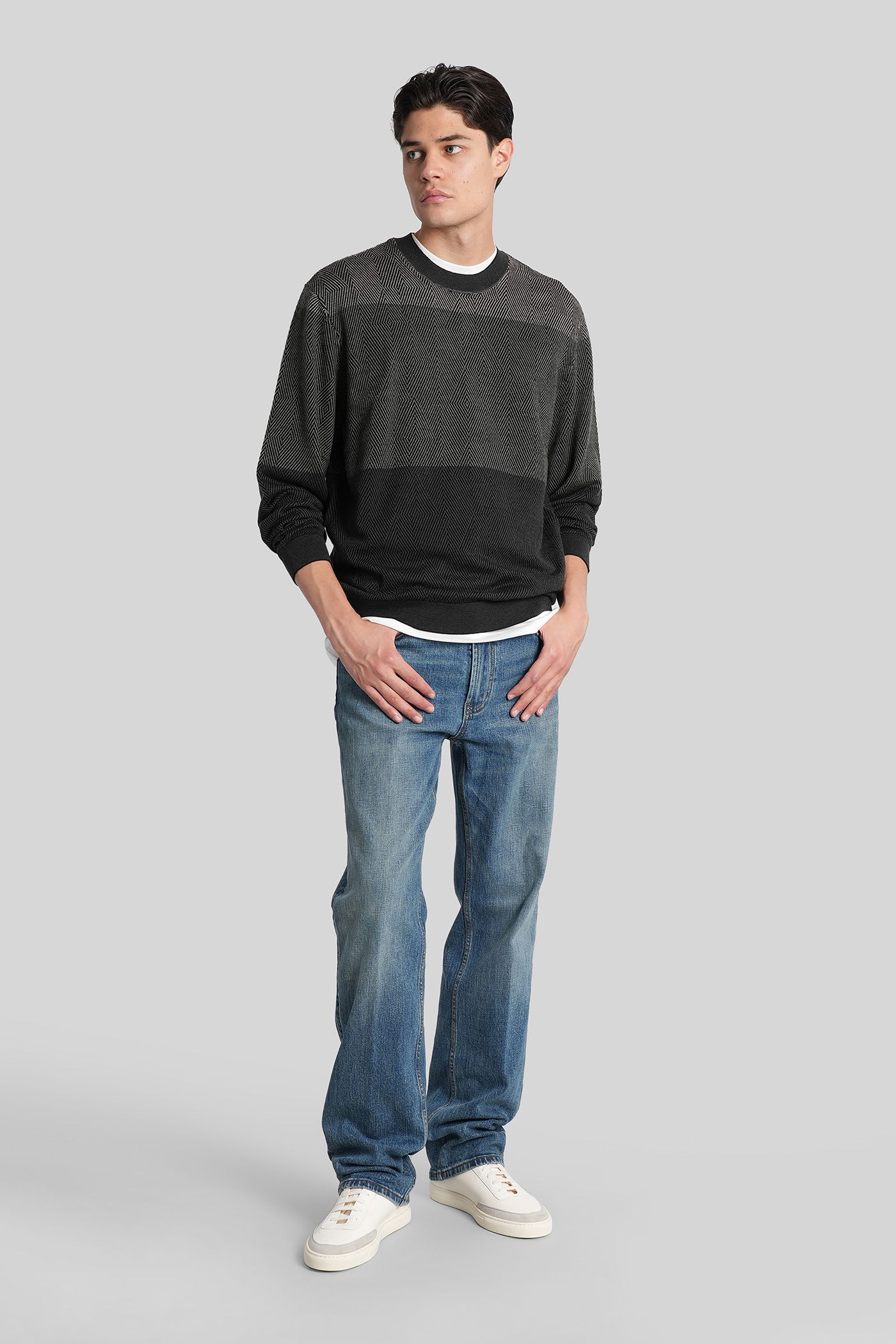 Emporio Armani Virgin Wool Jumper With Micro Jacquard Op-art Diamonds In Multi