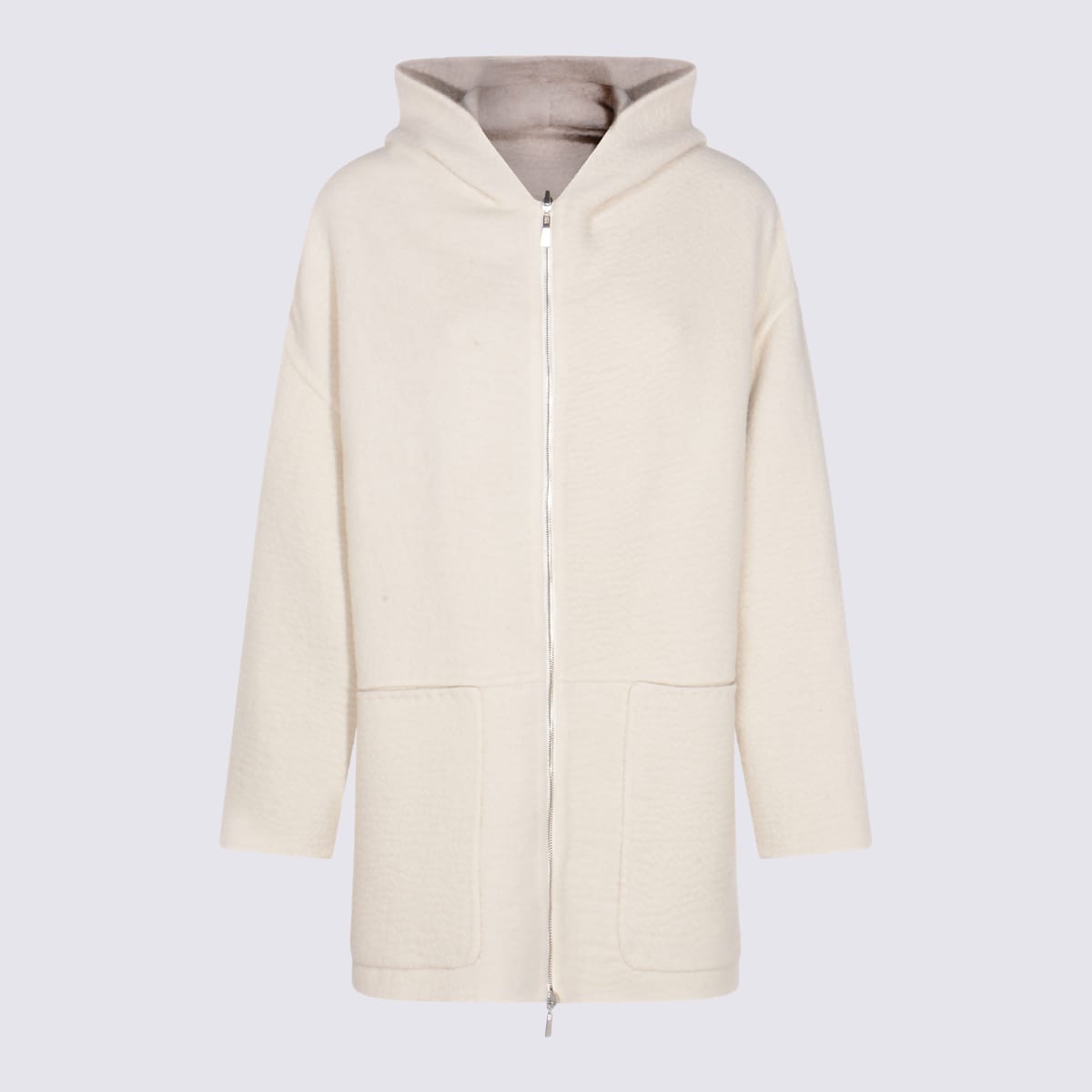 Malo Long Knitwear Crewneck With Hood And Pockets In White