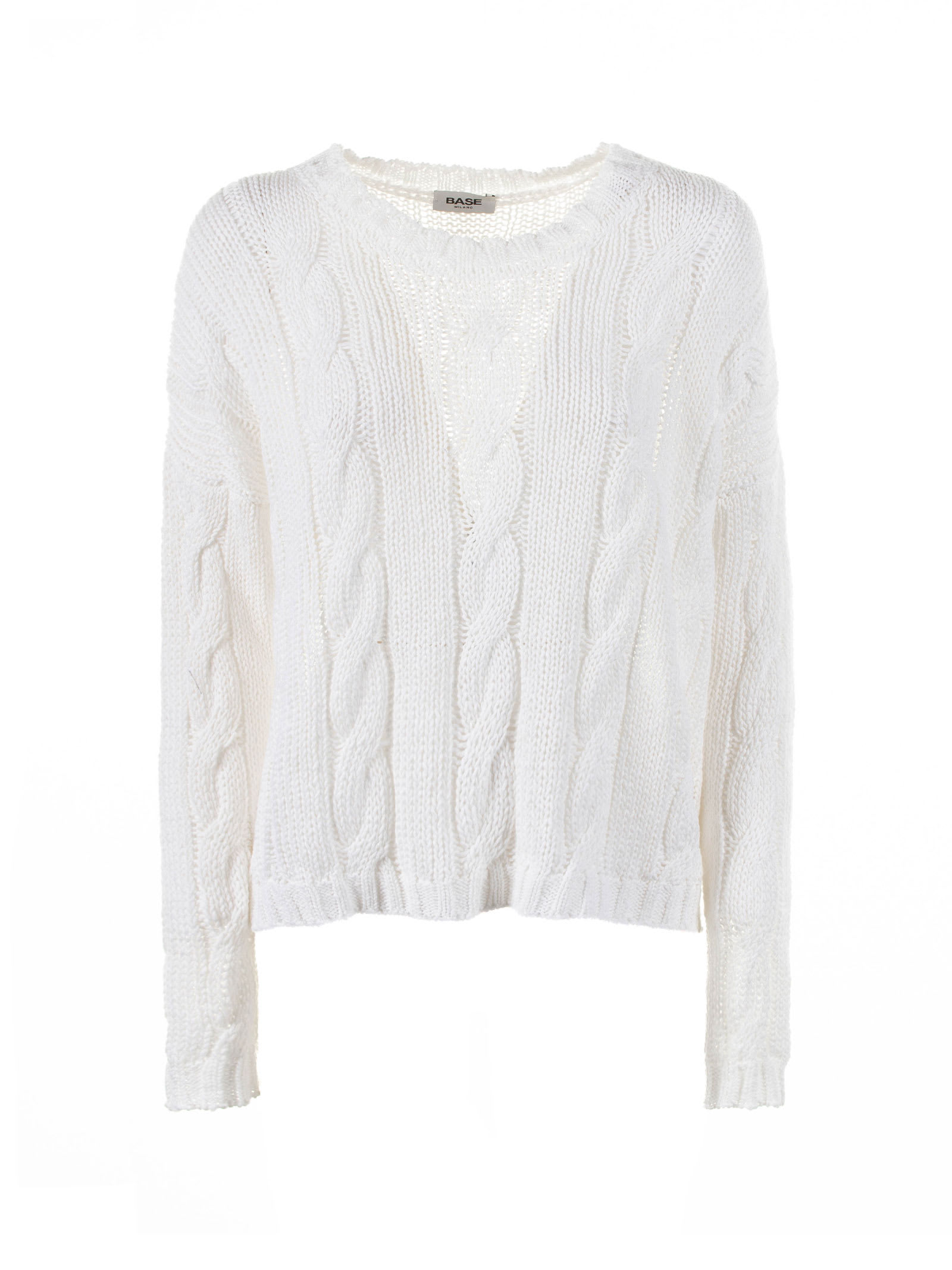 Shop Base White Crew-neck Sweater With Braid Motif In Bianco