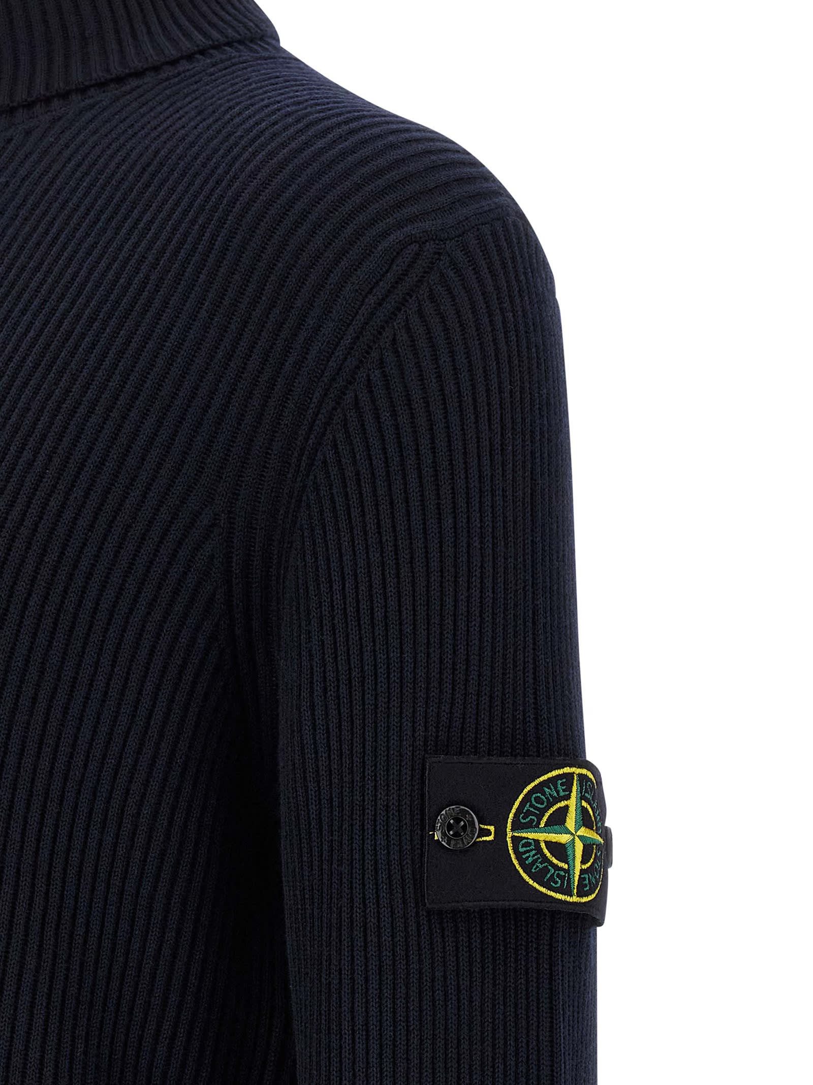 Stone Island Turtleneck Sweater In Virgin Wool With Logo Patch In Blue