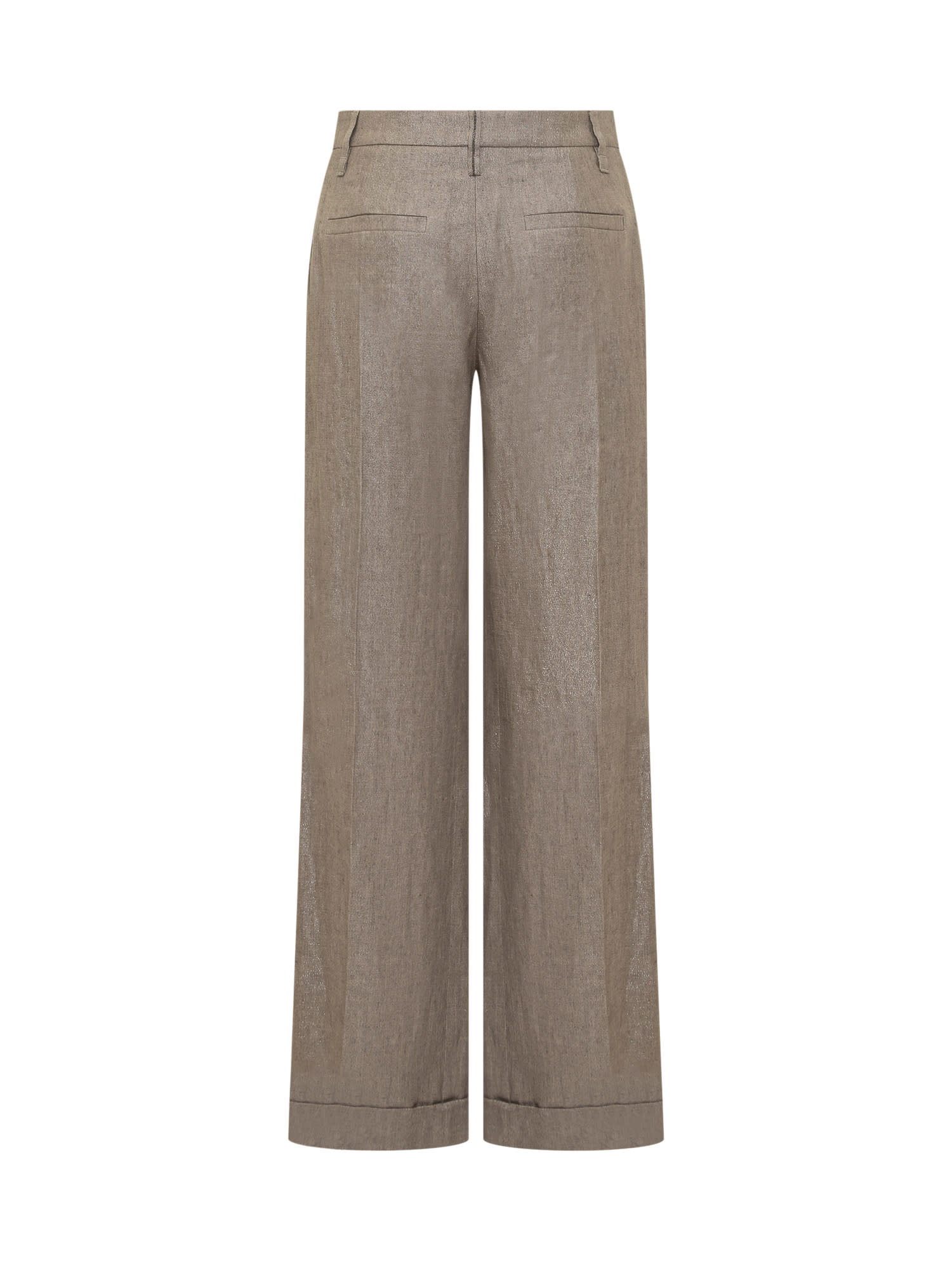 Shop Brunello Cucinelli Loose Flared Trousers In Sparkling Twill Linen With Monile In Brown/argento