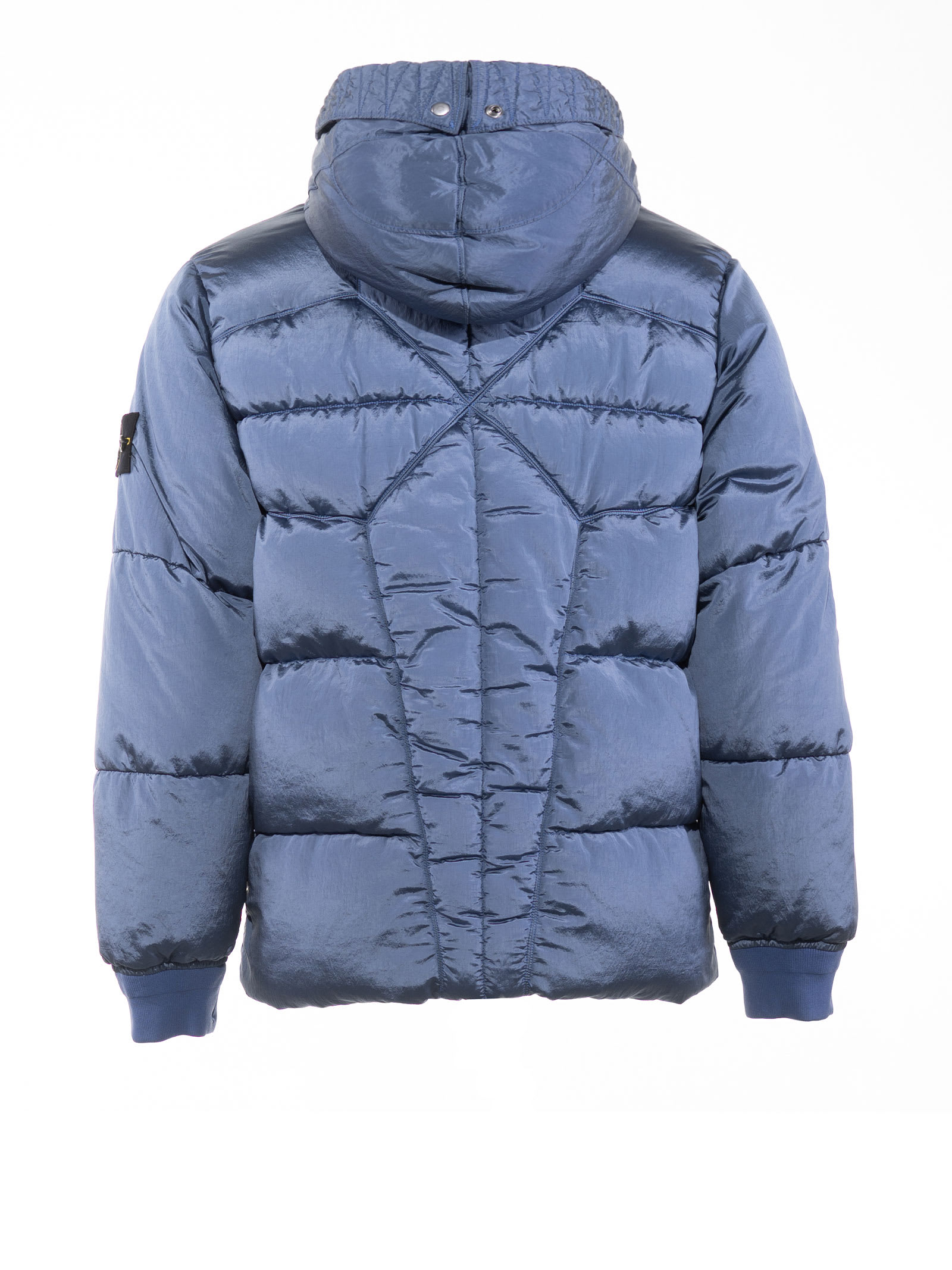 Shop Stone Island Down Jacket With Logo On The Sleeve In Dark Blue