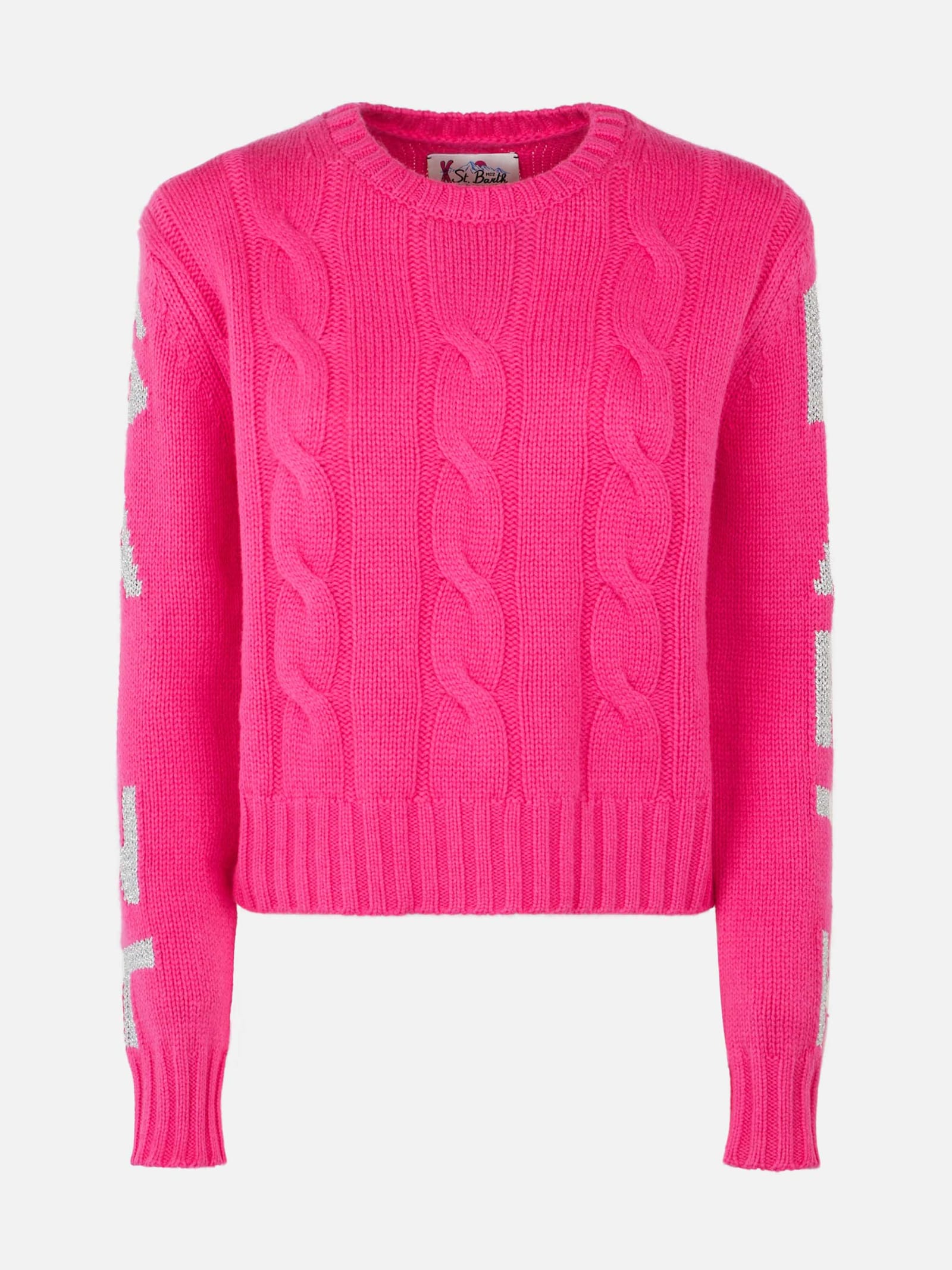 Shop Mc2 Saint Barth Woman Crewneck Braided Sweater With Saint Barth Lurex Print In Pink