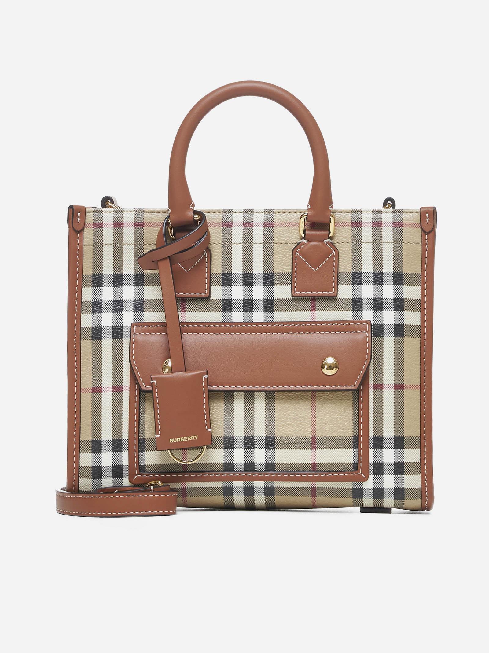 Shop Burberry Freya Check Canvas Mini Tote Bag In Vntg Chk/briar Brown