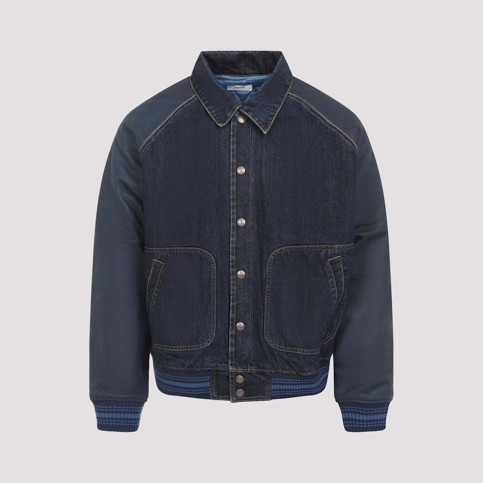 Celine Contrast Sleeve Teddy Style Jacket In Blue