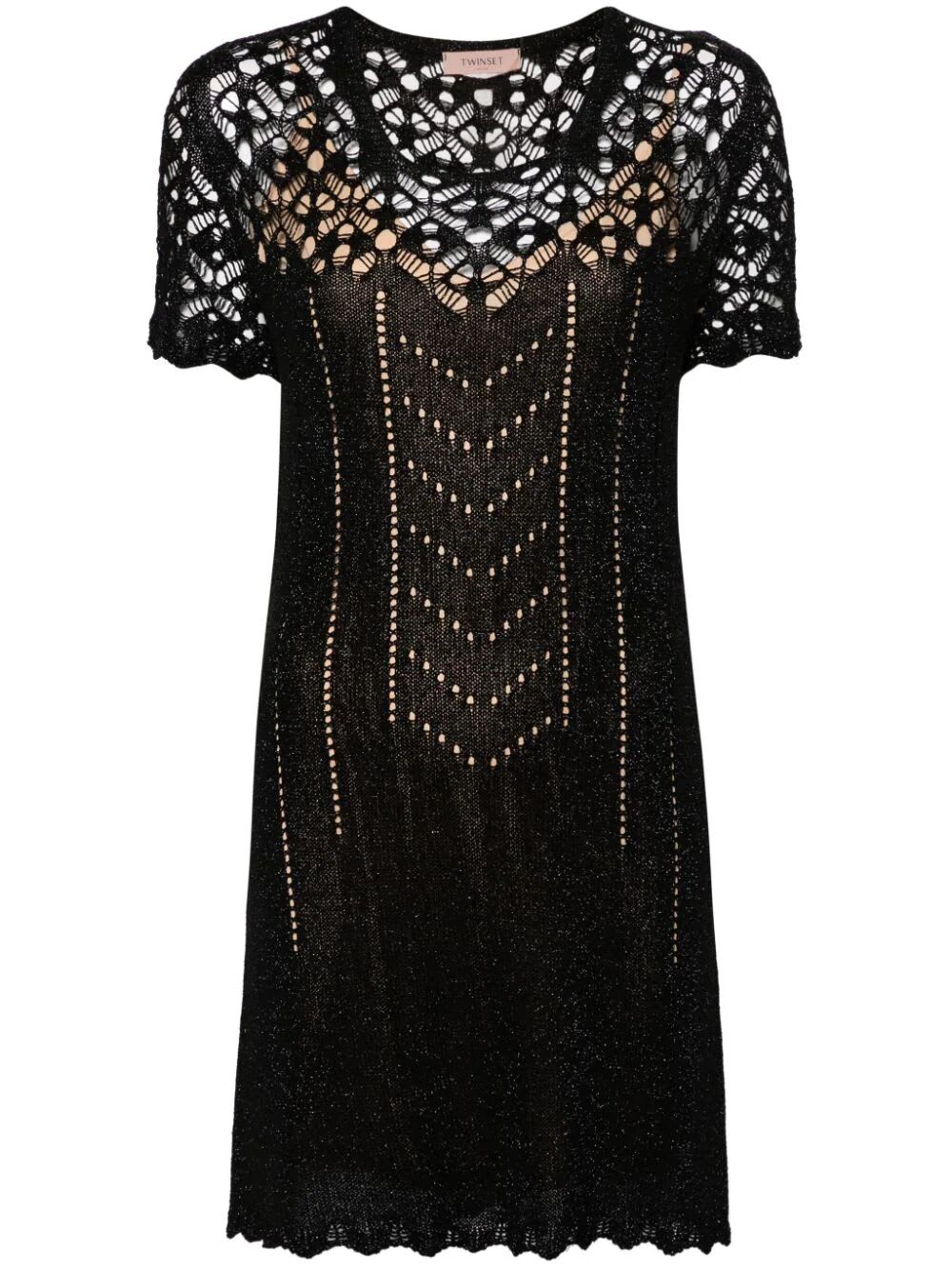 Shop Twinset Short Sleeve Mini Dress In Lurex Black