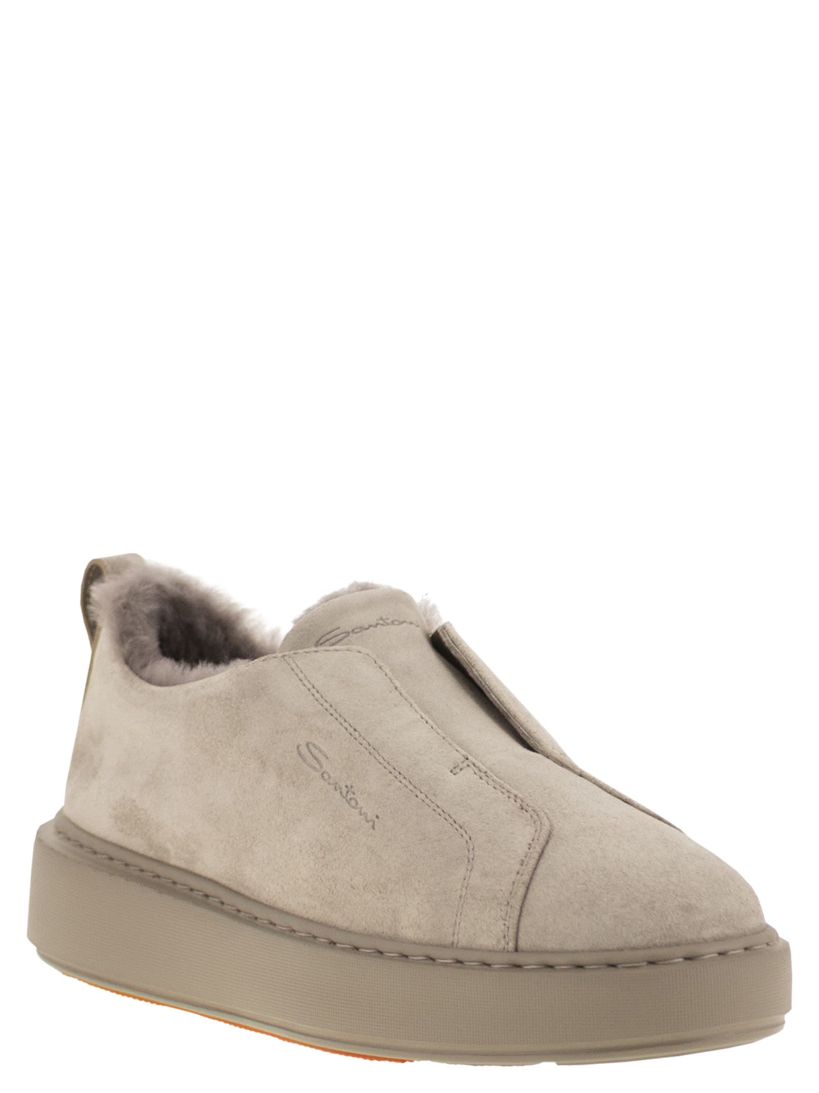 Santoni Slip-on Suede Sneakers With Fur In Gray