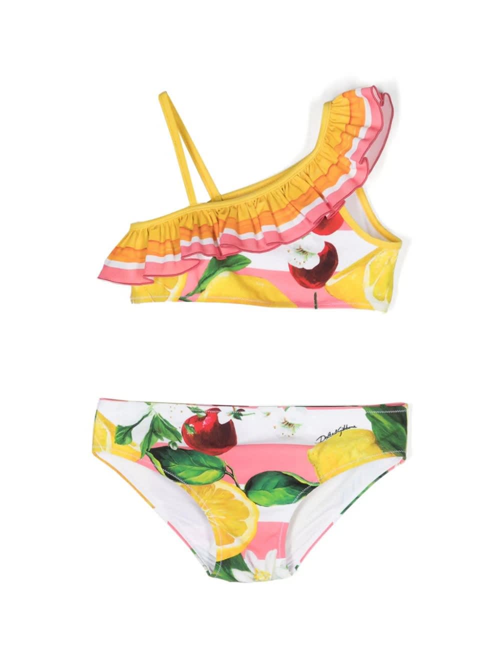 Shop Dolce & Gabbana Stretch Fabric Bikini With Lemon And Cherry Print In Multicolour