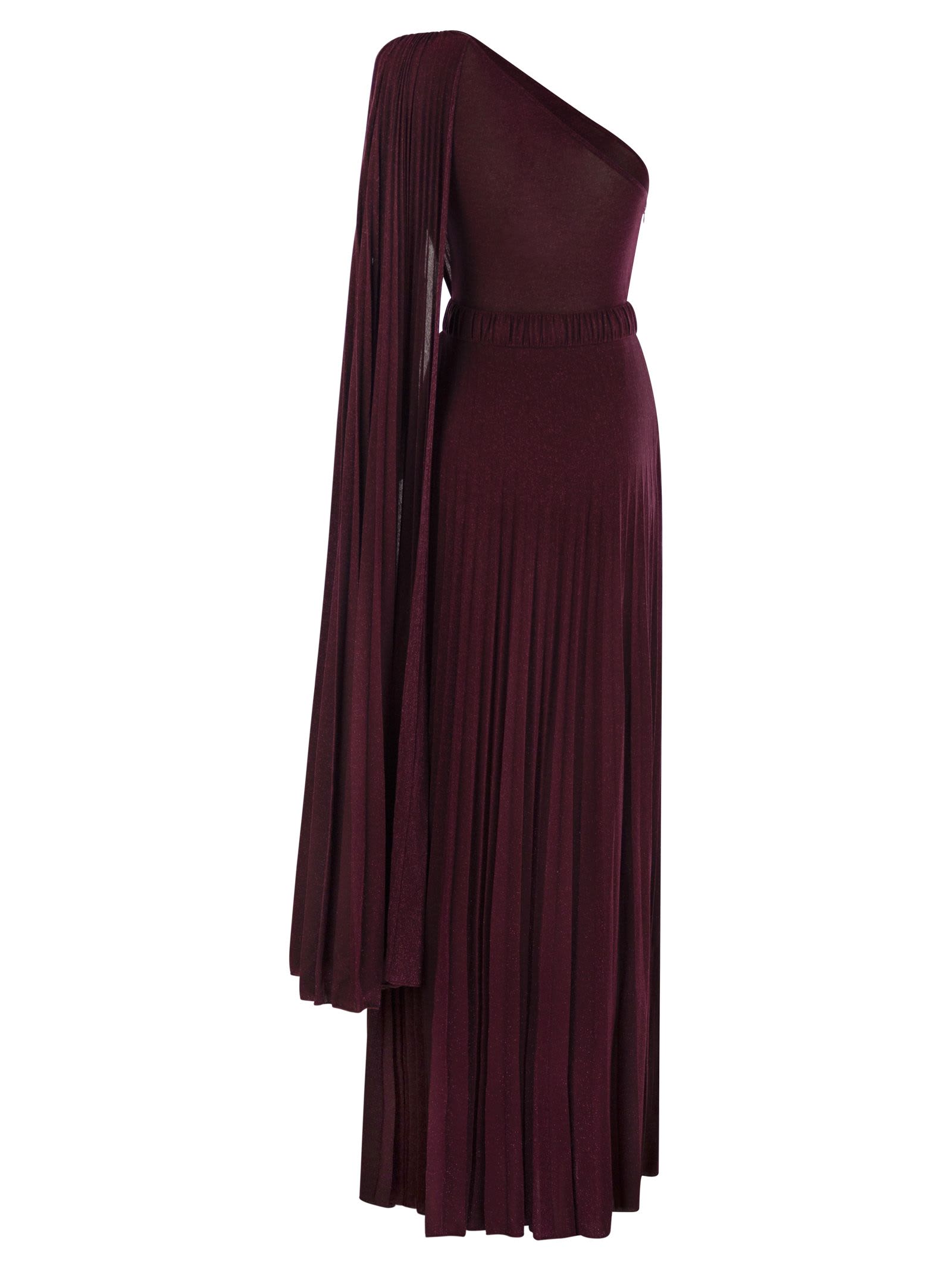 Shop Elisabetta Franchi One-shoulder Red Carpet Dress In Pleated Lurex Jersey In Bordeaux