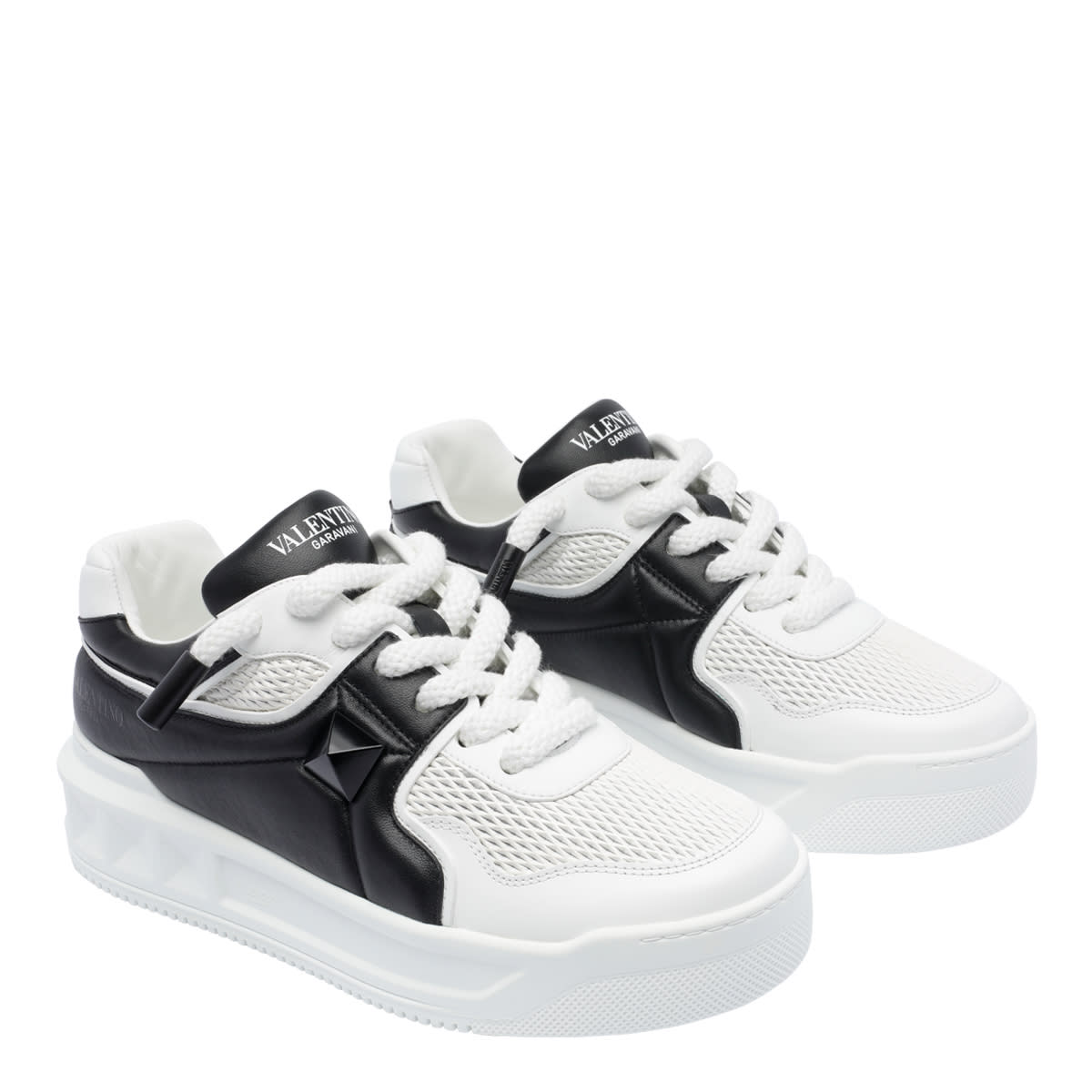 Valentino One Stud Xl Low-top Sneaker In Nappa Leather And Jacquard Toile Iconographe Technical Fabric In White