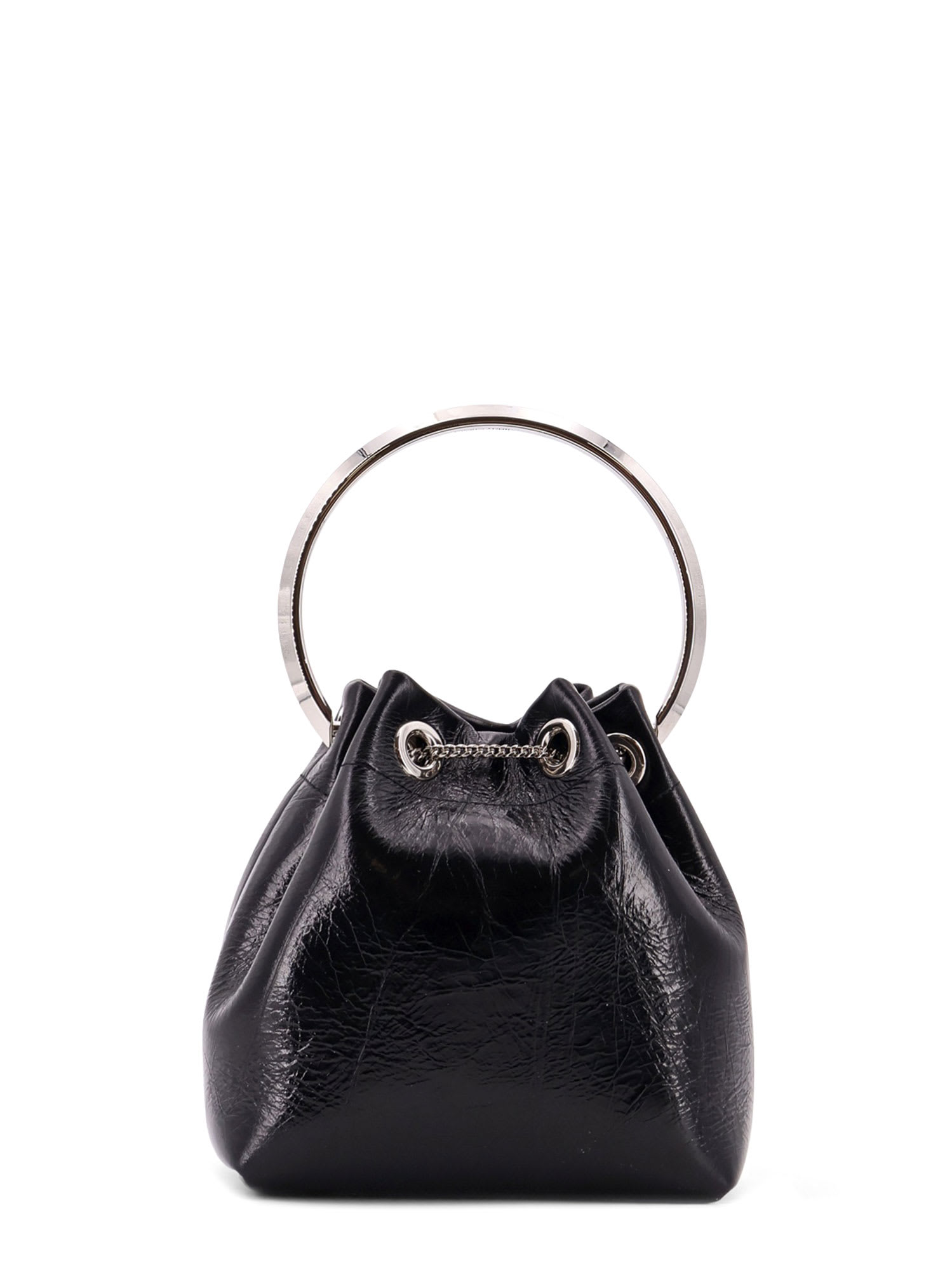 Jimmy Choo Eyelet Chain Bucket Bag With Metallic Handle In Black
