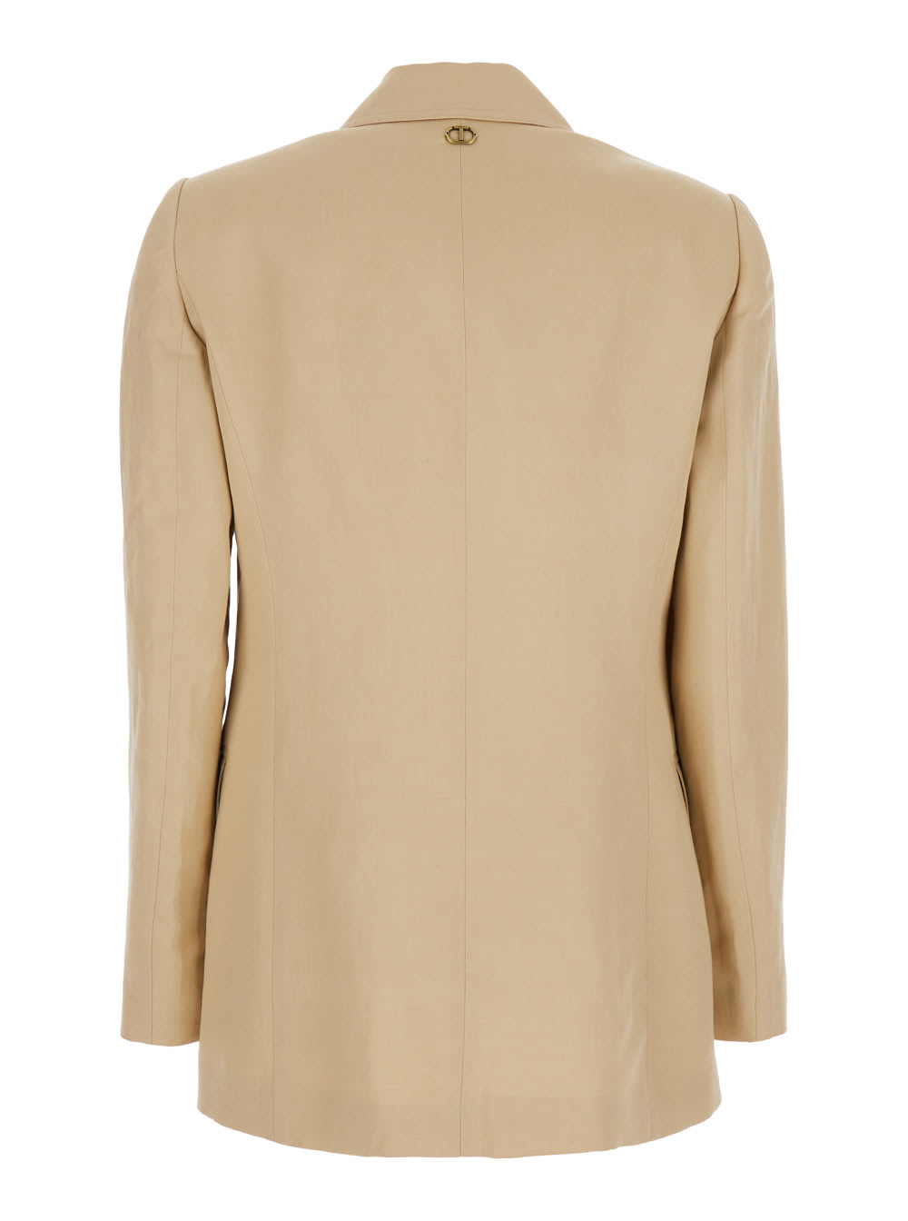 Twinset Beige Jacket With Classic Lapels And Metallic Logo On The Back In Linen Blend Woman In Beige